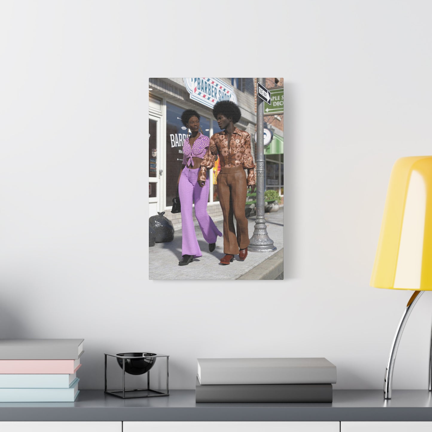 Vintage 1970s Retro Fashion Canvas Print – Afro Chic Couple Street Scene