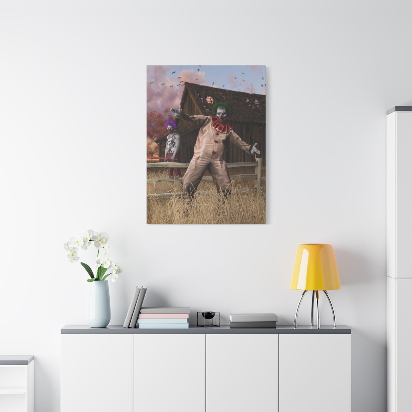 Creepy Clown Canvas Print — Haunted Barn Horror Wall Art