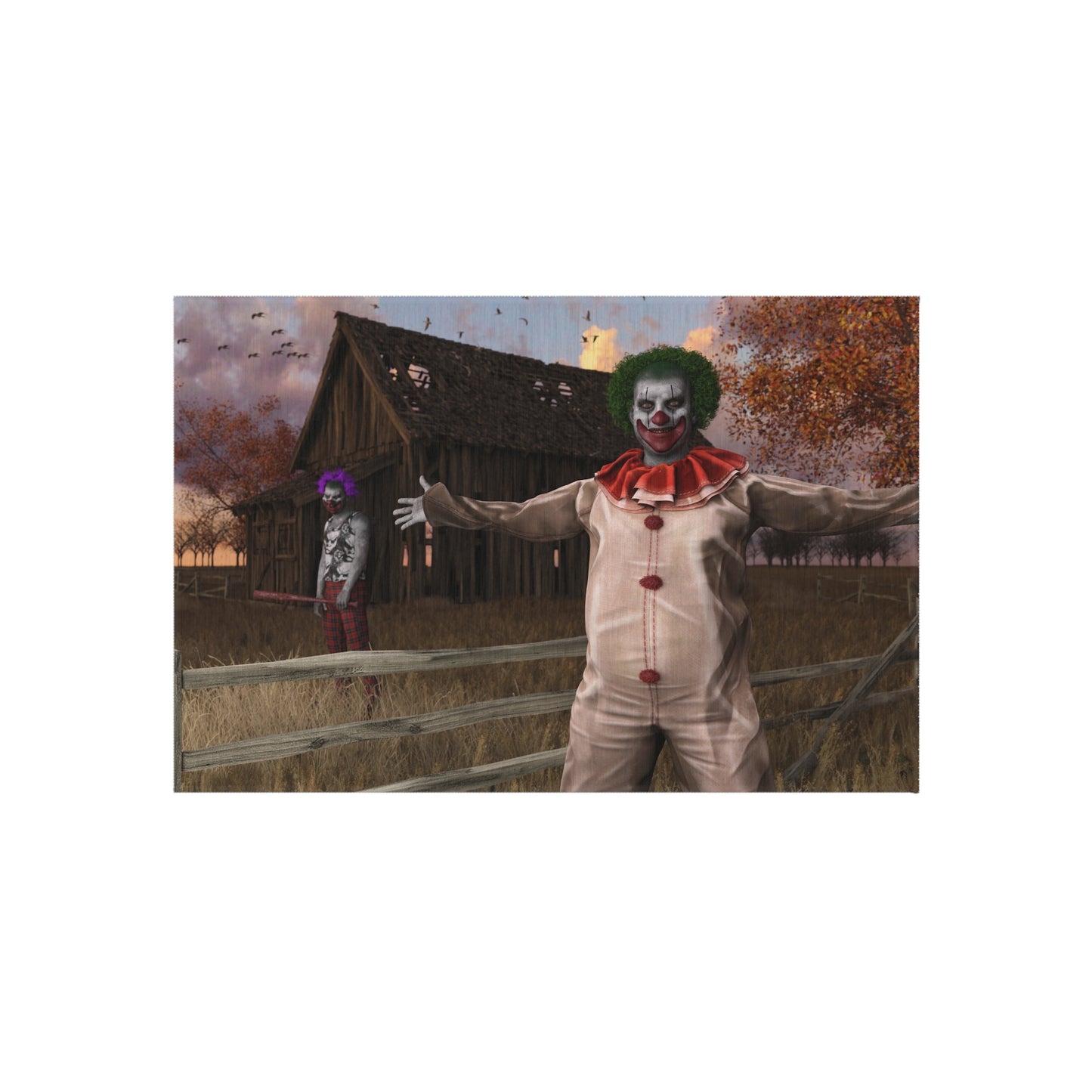 Spooky Clown Halloween Outdoor Rug - Creepy Barn Scarecrow Yard Decor