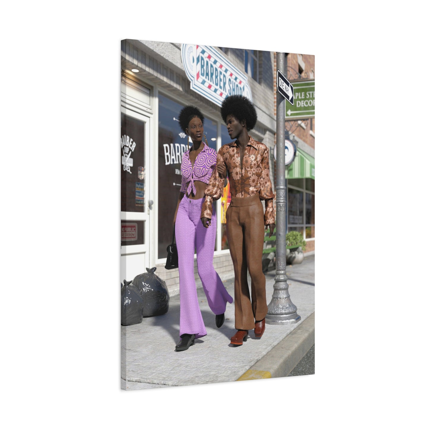 Vintage 1970s Retro Fashion Canvas Print – Afro Chic Couple Street Scene