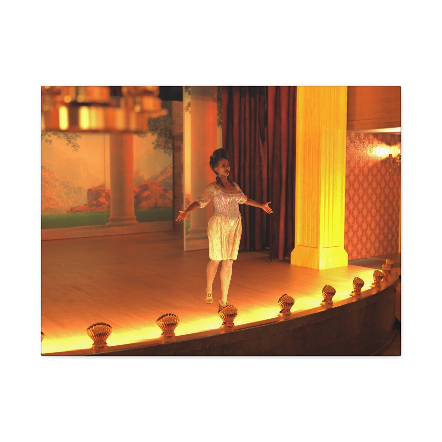A woman in a sparkling white dress stands on a warmly lit stage with arms outstretched, set against a backdrop of curtains, columns, and decorative lighting.