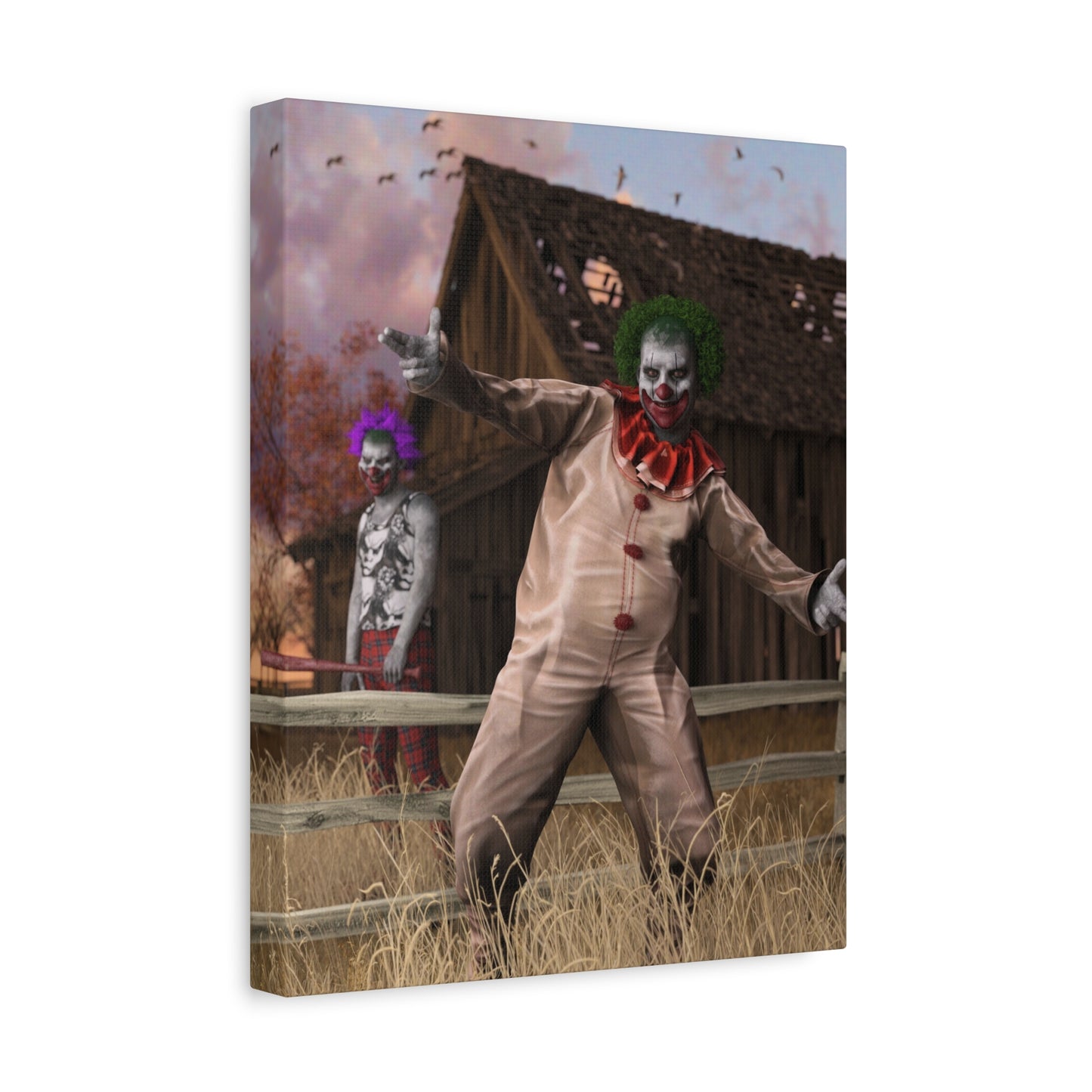 A rectangular canvas wall art print showing a horror scene with a clown in a beige suit in front of a wooden barn, with another figure in the background, photographed against a plain white background.