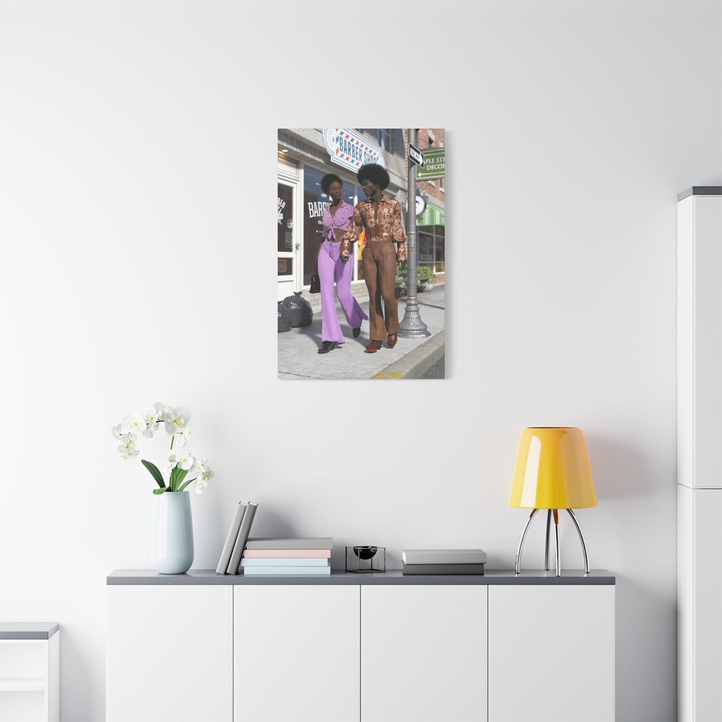 Vintage 1970s Retro Fashion Canvas Print – Afro Chic Couple Street Scene