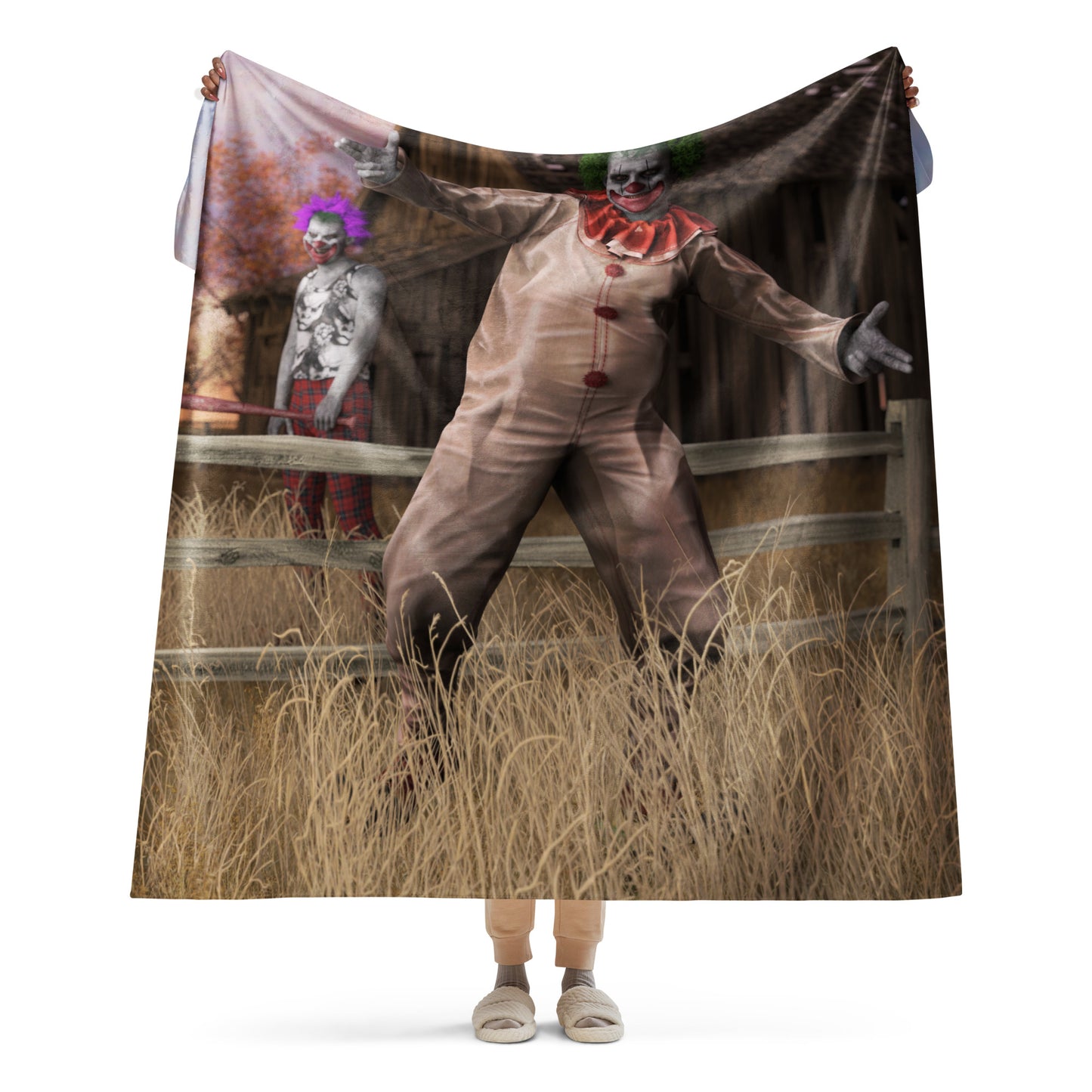 A printed image on a soft comfortable Sherpa blanket of a scary clown outside holding his arms out. 