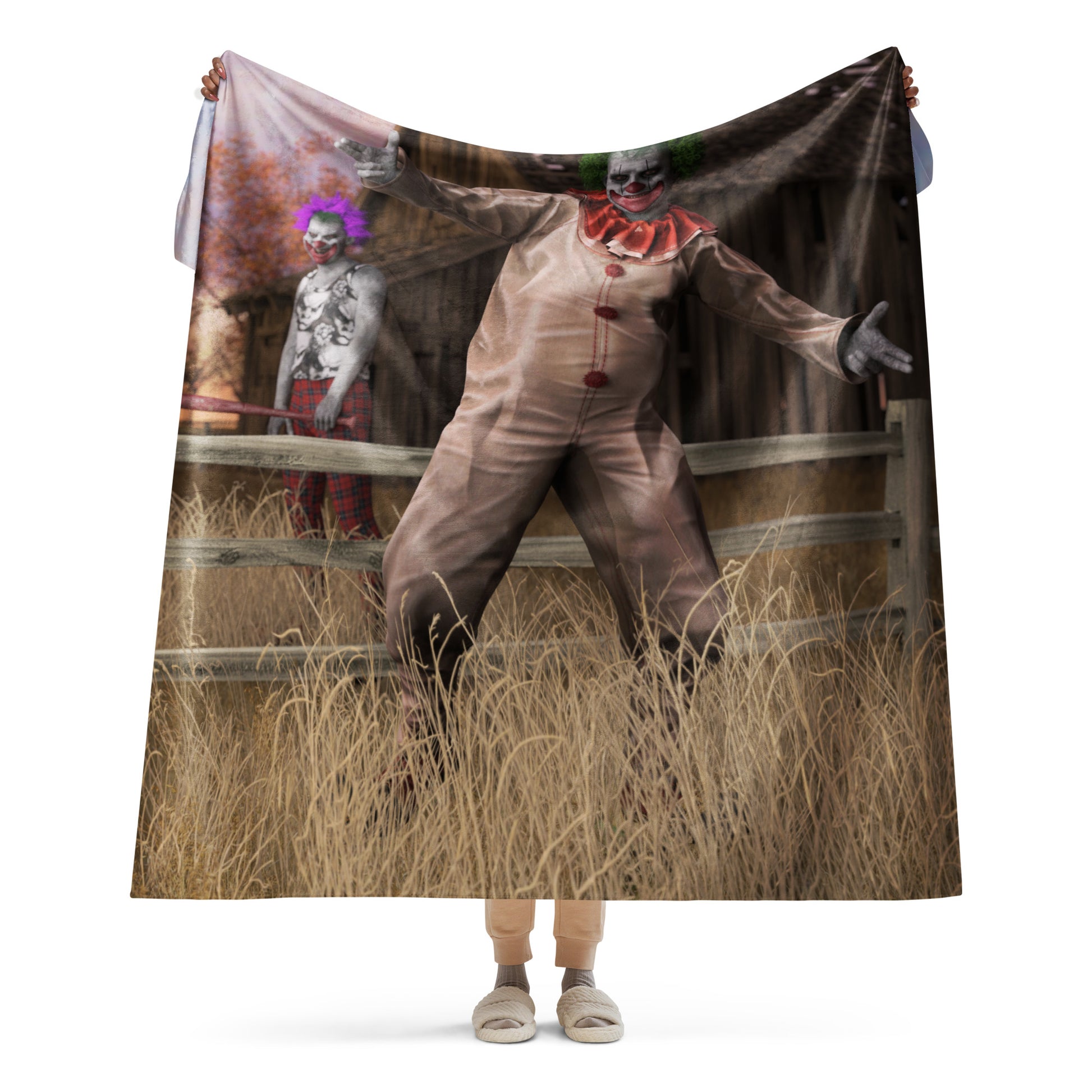 A printed image on a soft comfortable Sherpa blanket of a scary clown outside holding his arms out. 