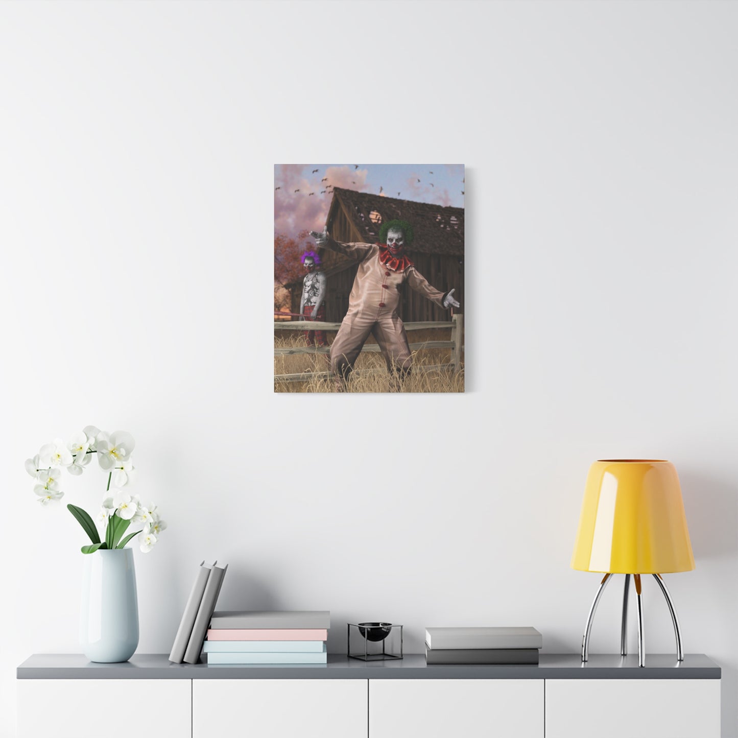 Creepy Clown Canvas Print — Haunted Barn Horror Wall Art