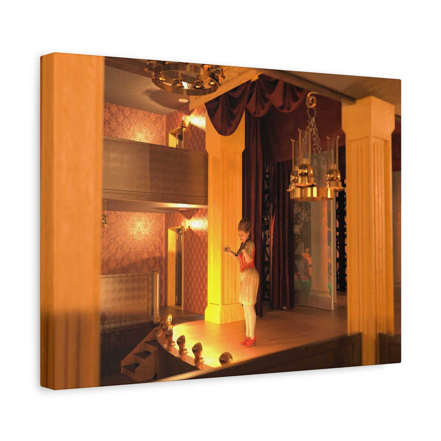 A rectangular wall art print or canvas showing an ornate indoor stage scene with warm amber lighting, columns, curtains, and a small child standing on the stage. The artwork is photographed at an angle against a plain white background.