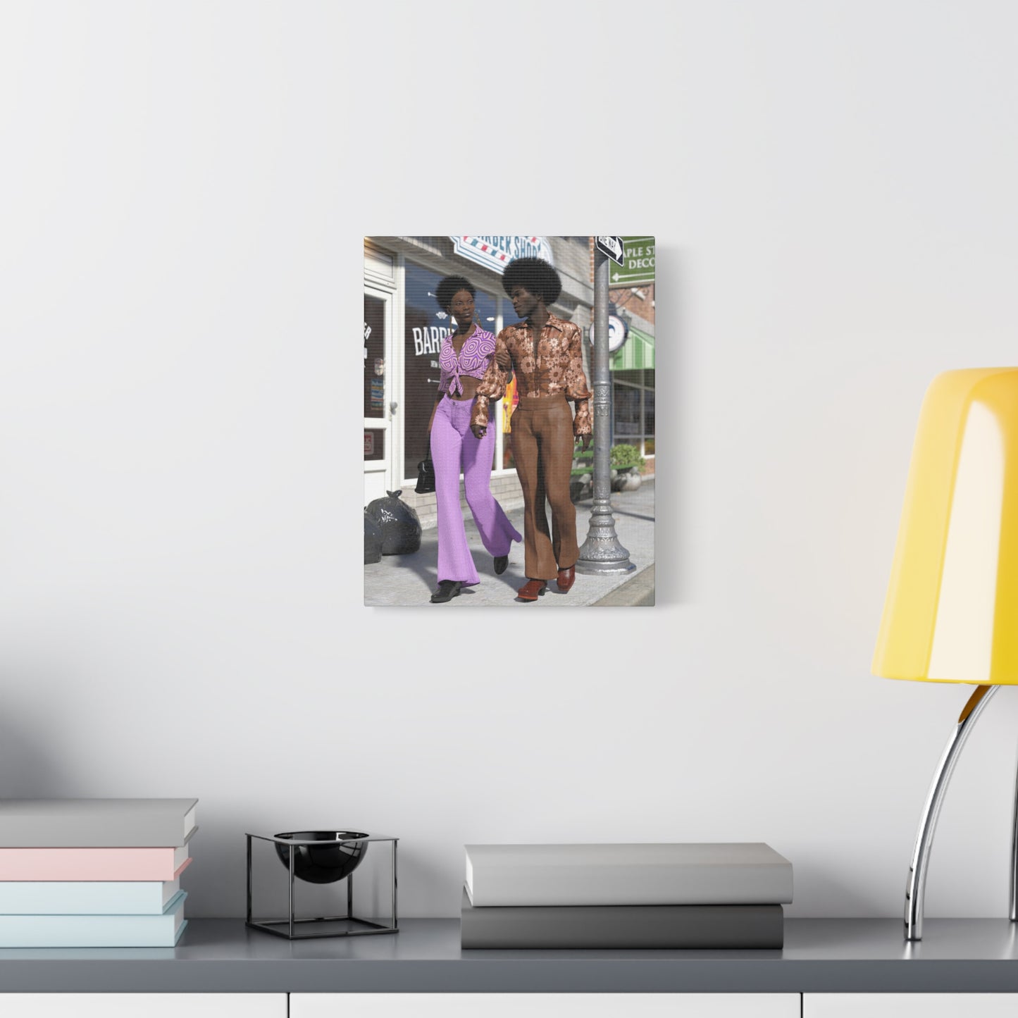 Vintage 1970s Retro Fashion Canvas Print – Afro Chic Couple Street Scene