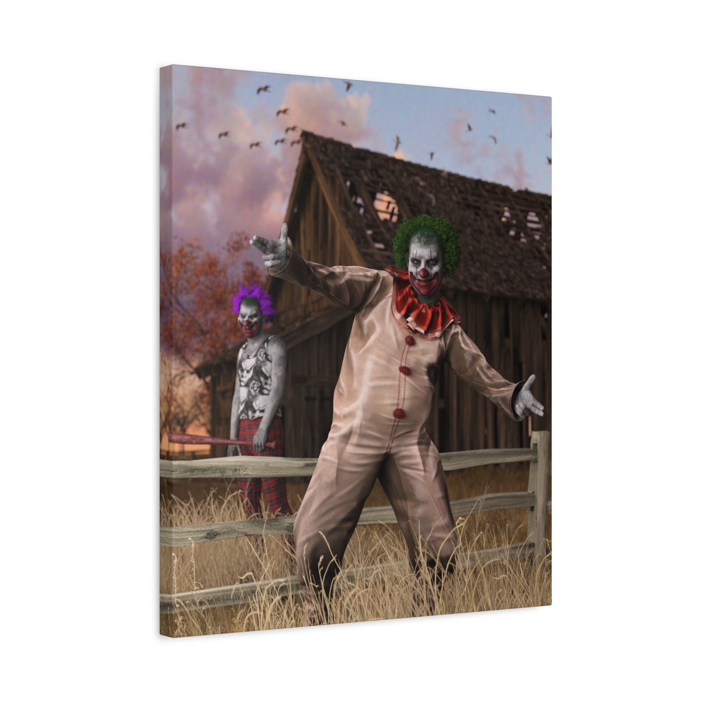 Creepy Clown Canvas Print — Haunted Barn Horror Wall Art