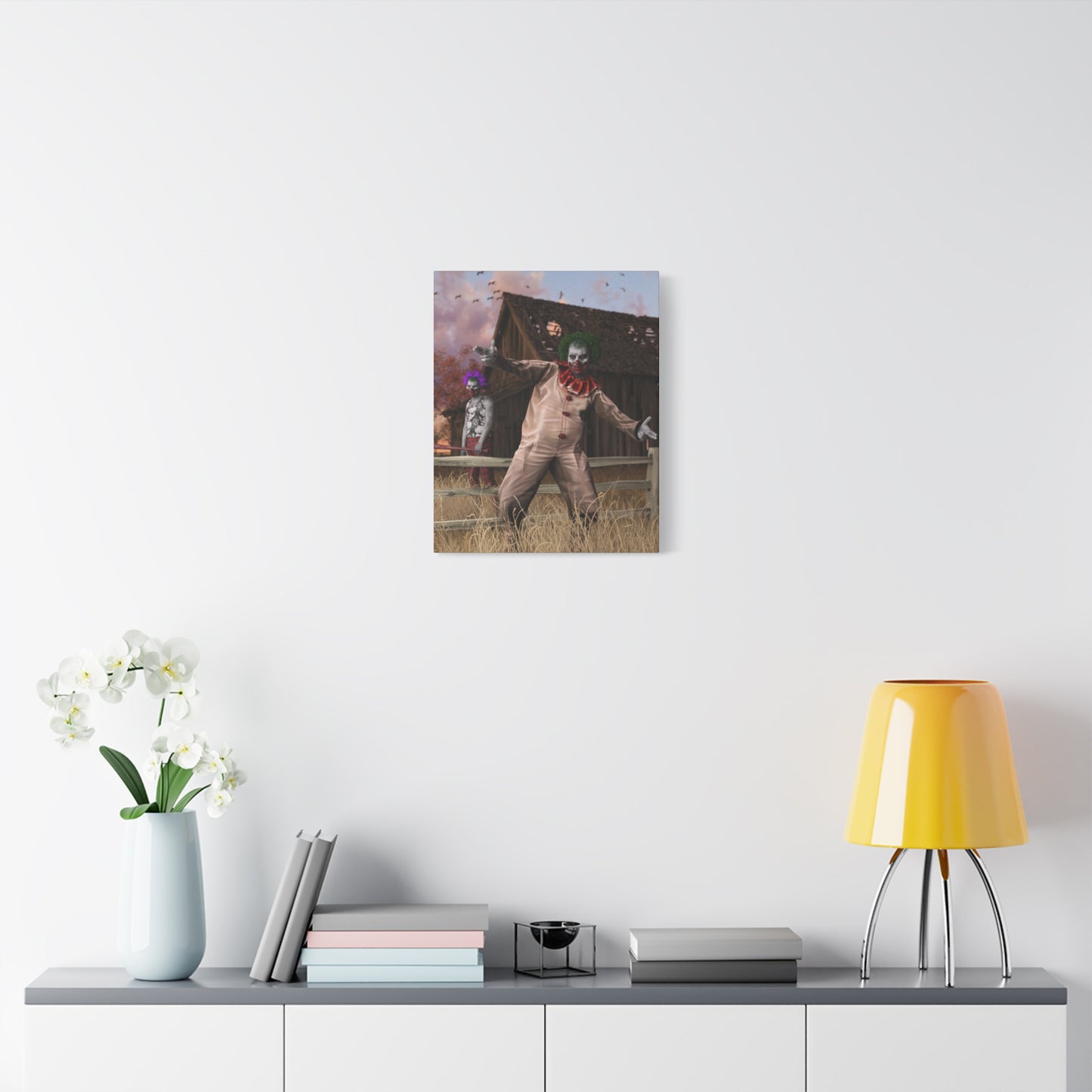 Creepy Clown Canvas Print — Haunted Barn Horror Wall Art