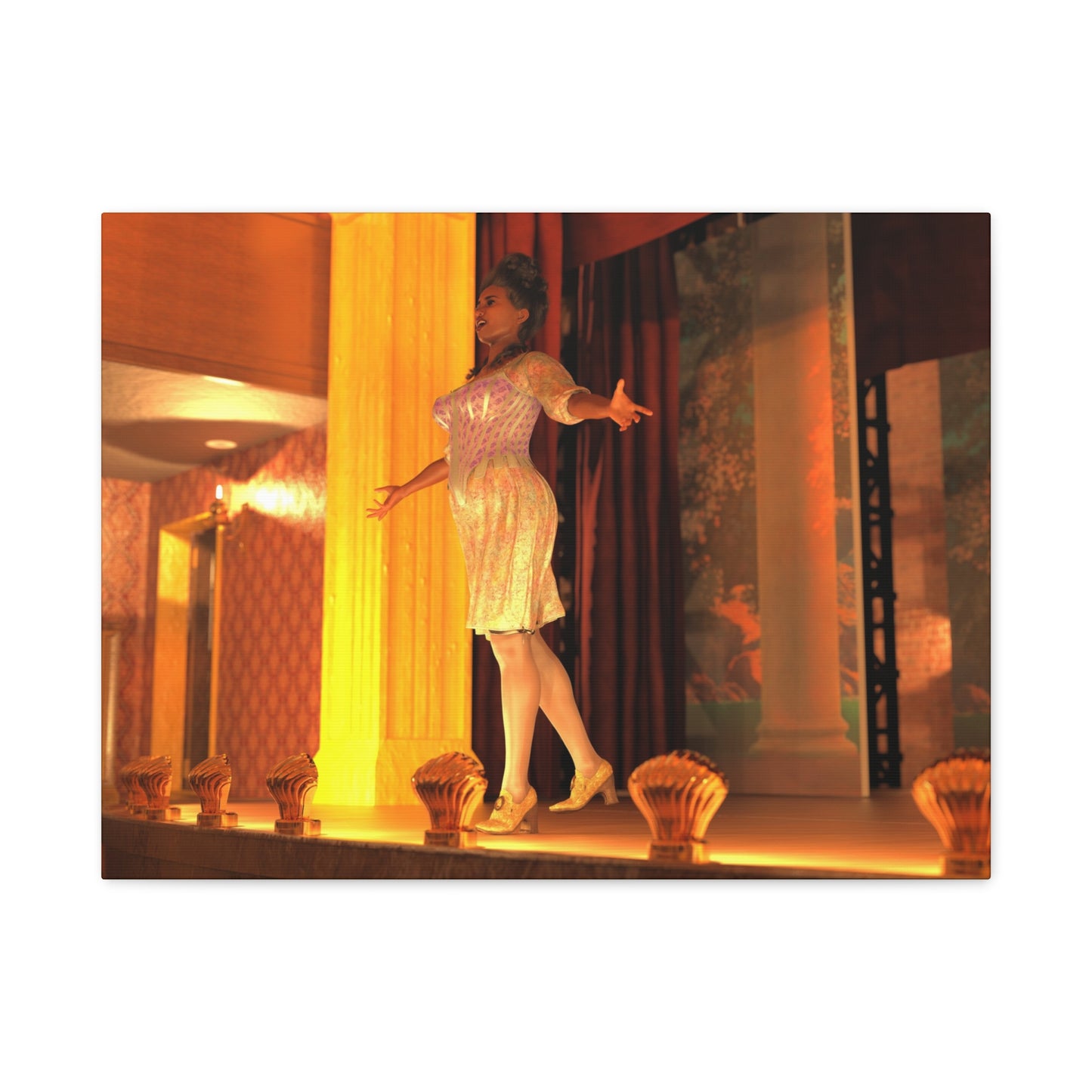 A woman in a shimmering light-colored dress poses on a warmly lit stage with columns, curtains, and decorative shell-like objects in the foreground.