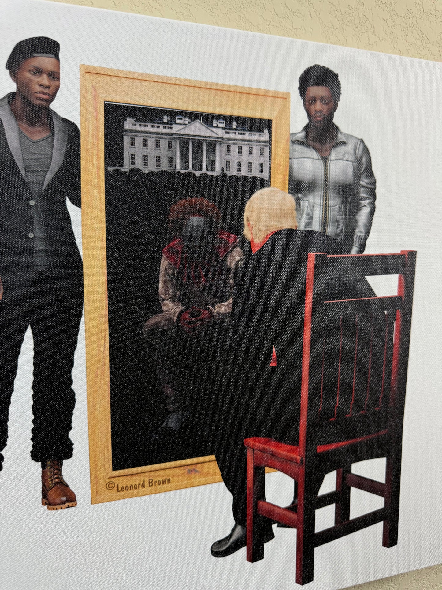 A canvas art print of two black men standing beside a mirror with Trump looking in the mirror with a reflection of a clown.