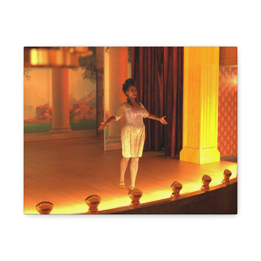 A woman in a shimmering light gold sequined dress stands on a warmly lit stage with arms outstretched, surrounded by golden columns, curtains, and decorative stage lights.