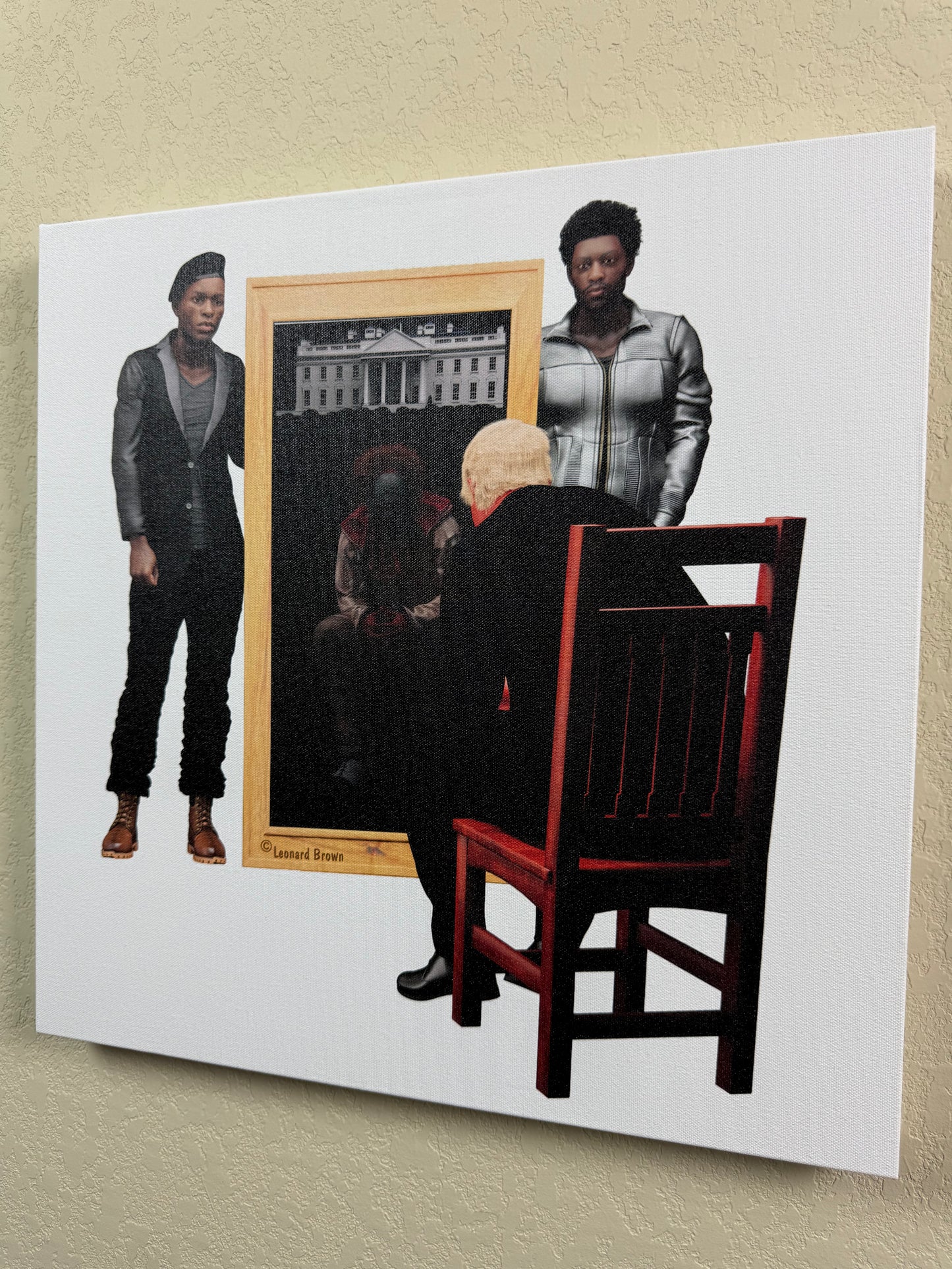 A canvas art print of two black men standing beside a mirror with Trump looking in the mirror with a reflection of a clown.