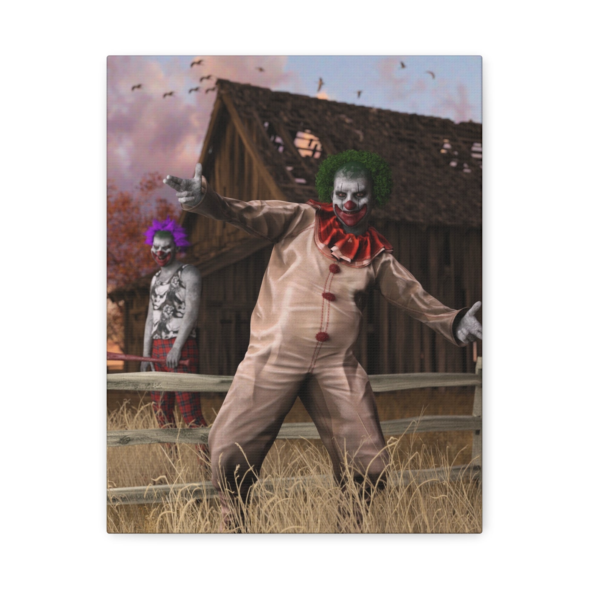 A rectangular wall art print or canvas showing a horror clown in a beige costume with red trim, standing in a field in front of a dilapidated barn. A second distressed clown figure appears in the background.