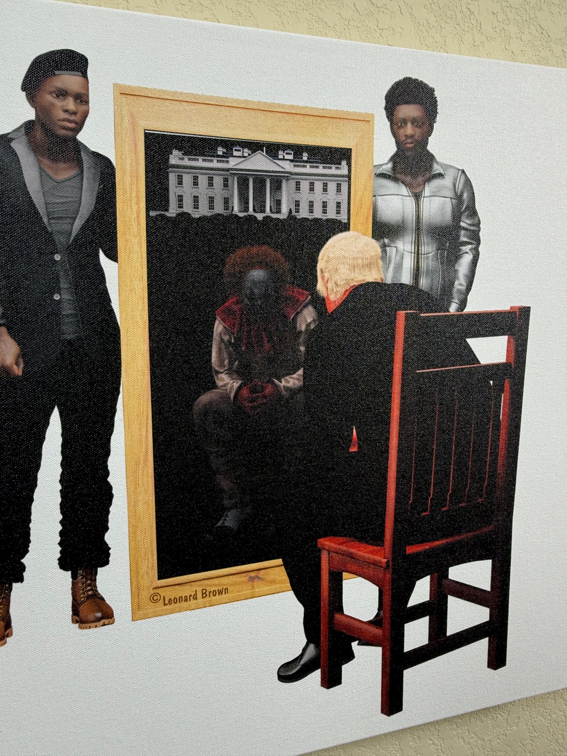 A canvas art print of two black men standing beside a mirror with Trump looking in the mirror with a reflection of a clown.