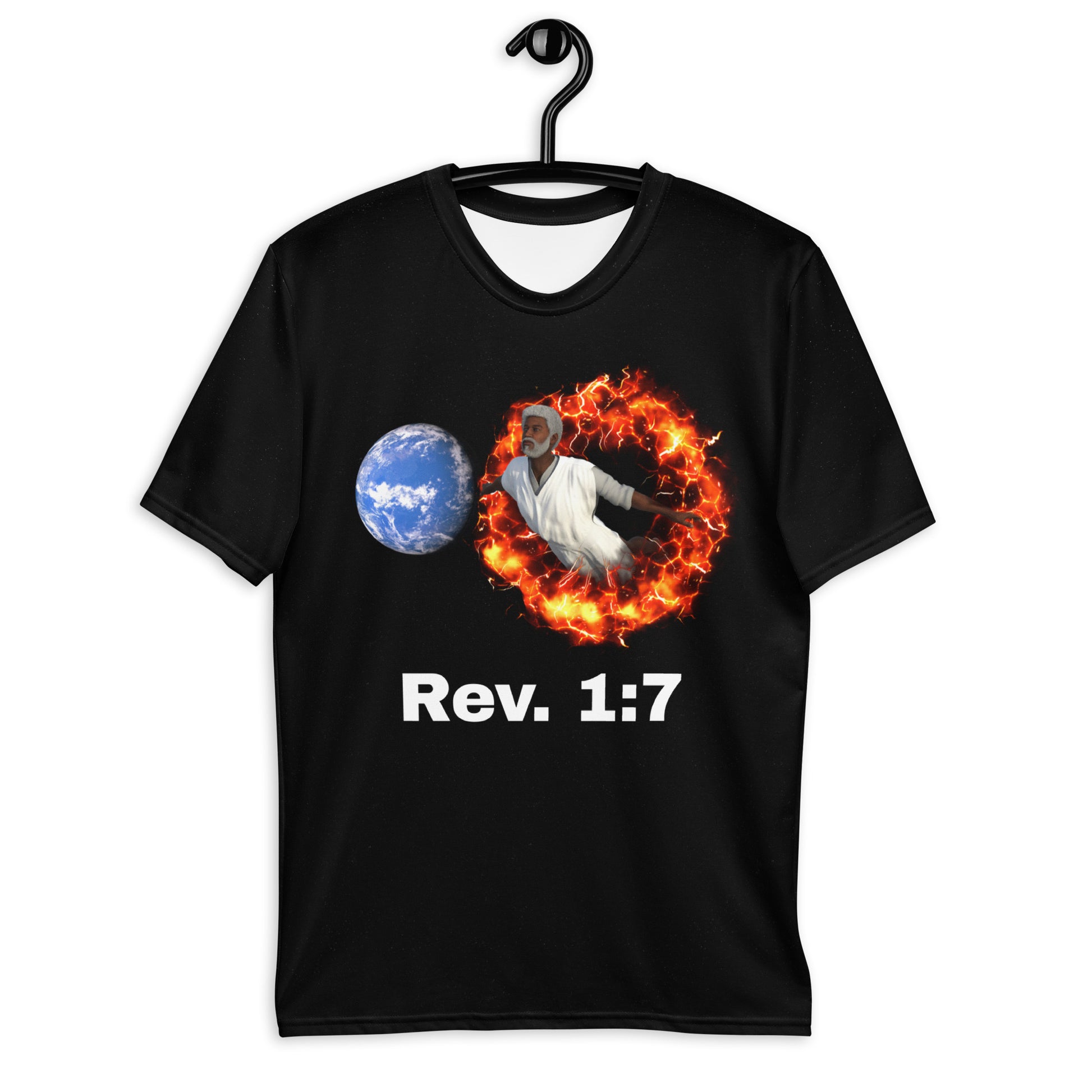A Christian t-shirt that has Revelation 1:7 on the front and shows Jesus floating towards the earth. On the back it has the scripture of Revelation 1:7 and has a transparent image of Jesus.