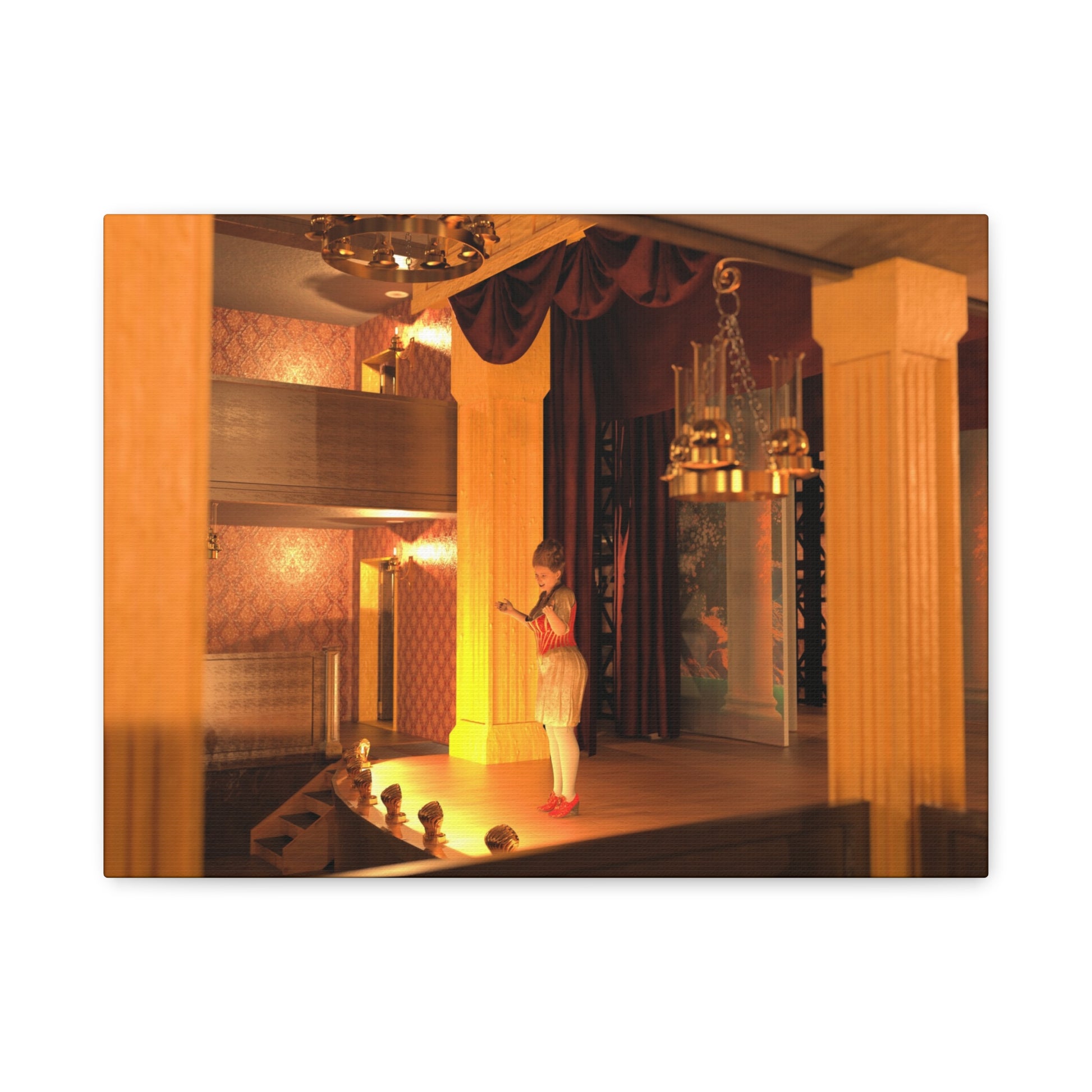 A rectangular wall art print or canvas showing a warmly lit interior scene with a small child standing on a stage in front of dark curtains, displayed against a plain white background.