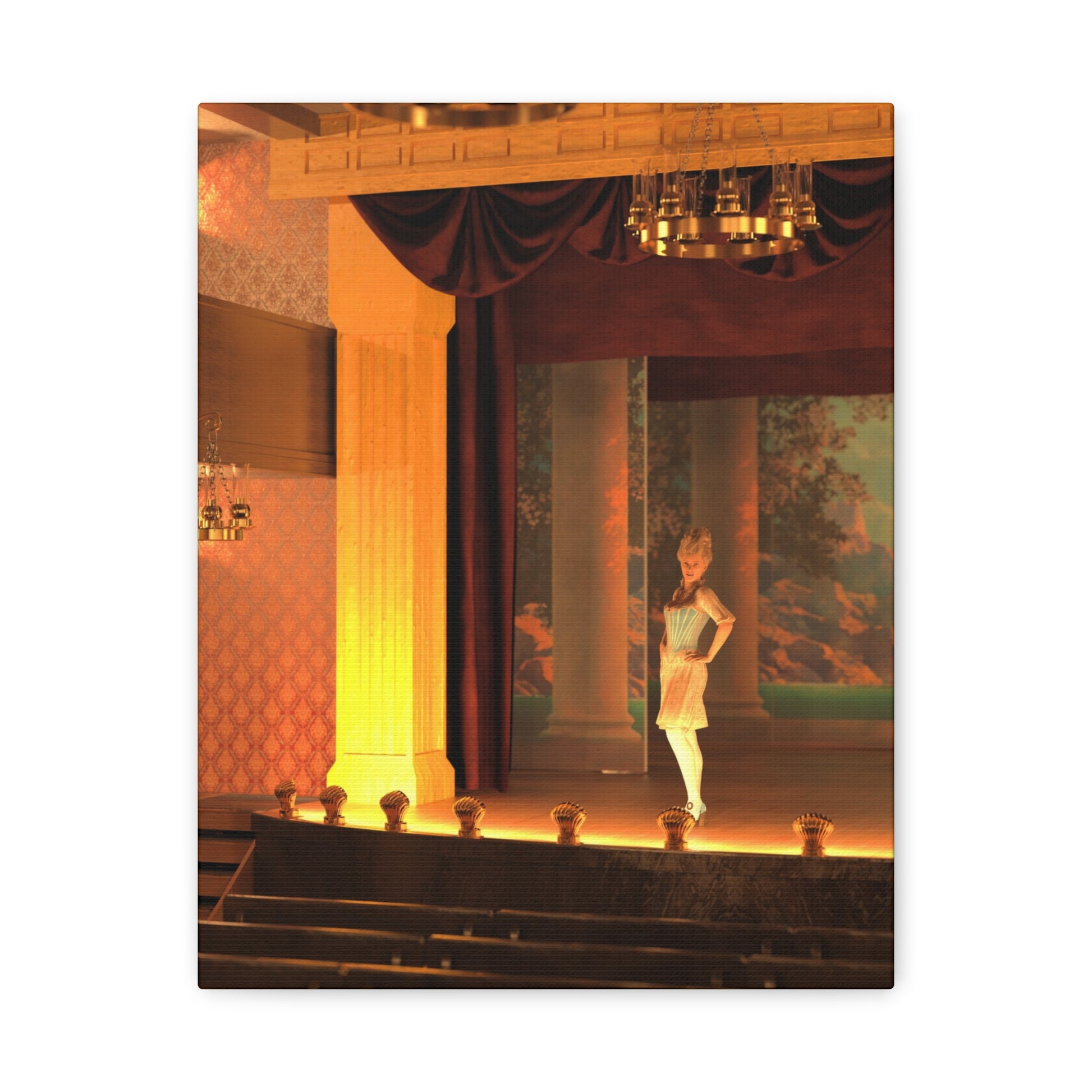 A vertical canvas wall art print depicting a theatrical stage scene with a ballerina in a white tutu standing under a chandelier, framed by a white border.