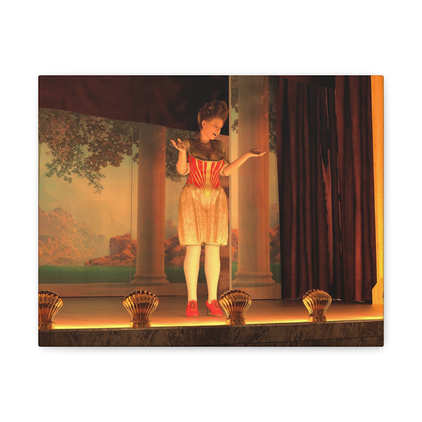 A rectangular wall art print or canvas showing a theatrical scene: a woman in a red-and-gold dress standing on a stage in front of painted columns and curtains, with gold decorative objects along the front edge. The artwork is photographed against a plain white background.
