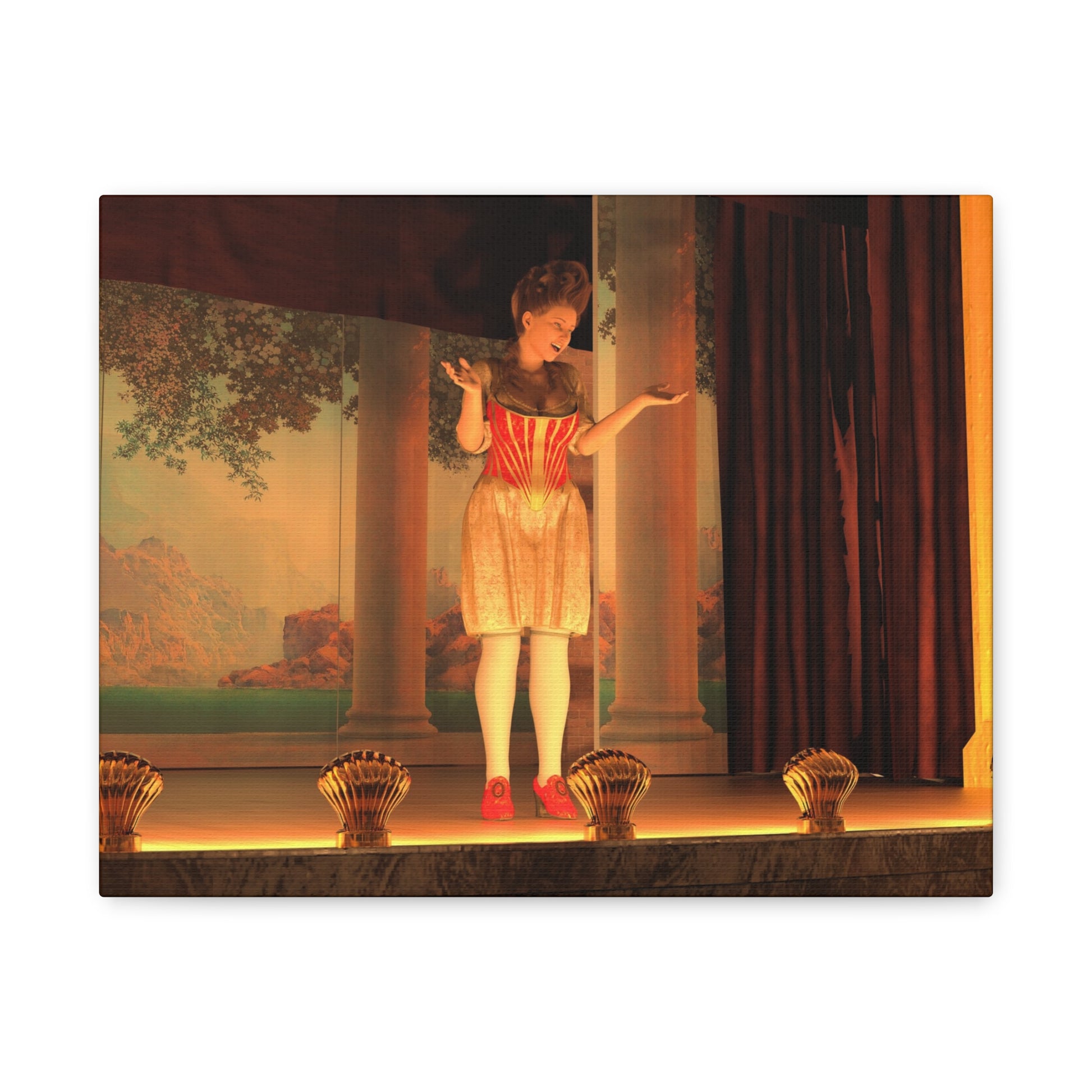 A rectangular wall art print or canvas showing a theatrical scene: a woman in a red-and-gold dress standing on a stage in front of painted columns and curtains, with gold decorative objects along the front edge. The artwork is photographed against a plain white background.