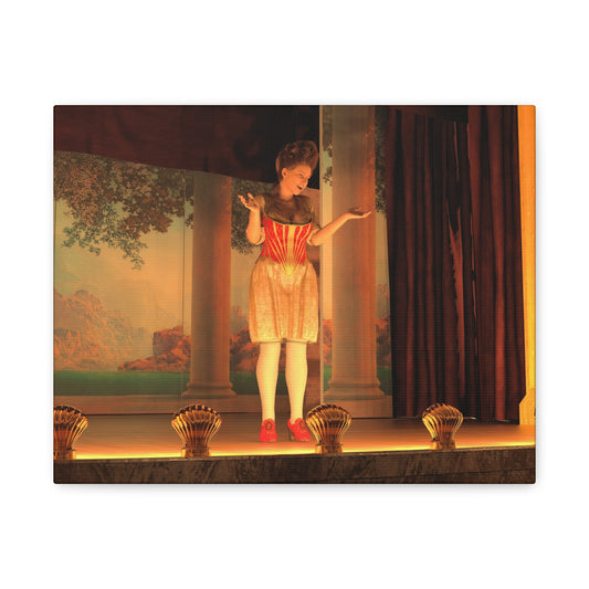 A rectangular wall art print or canvas showing a theatrical scene: a woman in a red-and-gold dress standing on a stage in front of painted columns and curtains, with gold decorative objects along the front edge. The artwork is photographed against a plain white background.