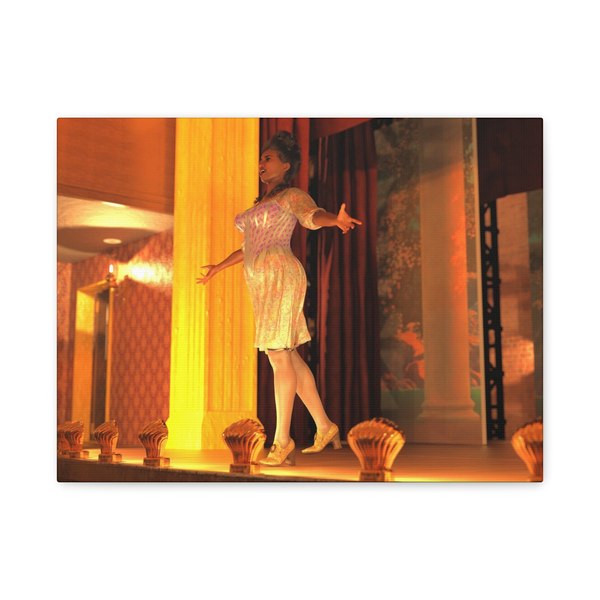 A rectangular wall art print or canvas showing a woman in a white dress standing on a stage in warm orange and yellow lighting, with curtains and decorative shell-like objects in the foreground.