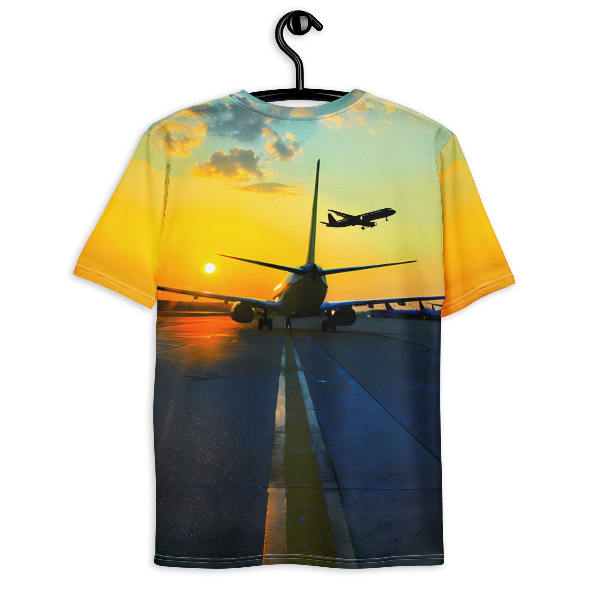 A colorful Let’s Travel crewneck t-shirt with an airplane taxiing away and another airplane in the sky.