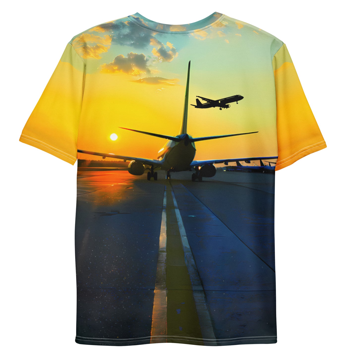 A colorful Let’s Travel crewneck t-shirt with an airplane taxiing away and another airplane in the sky.