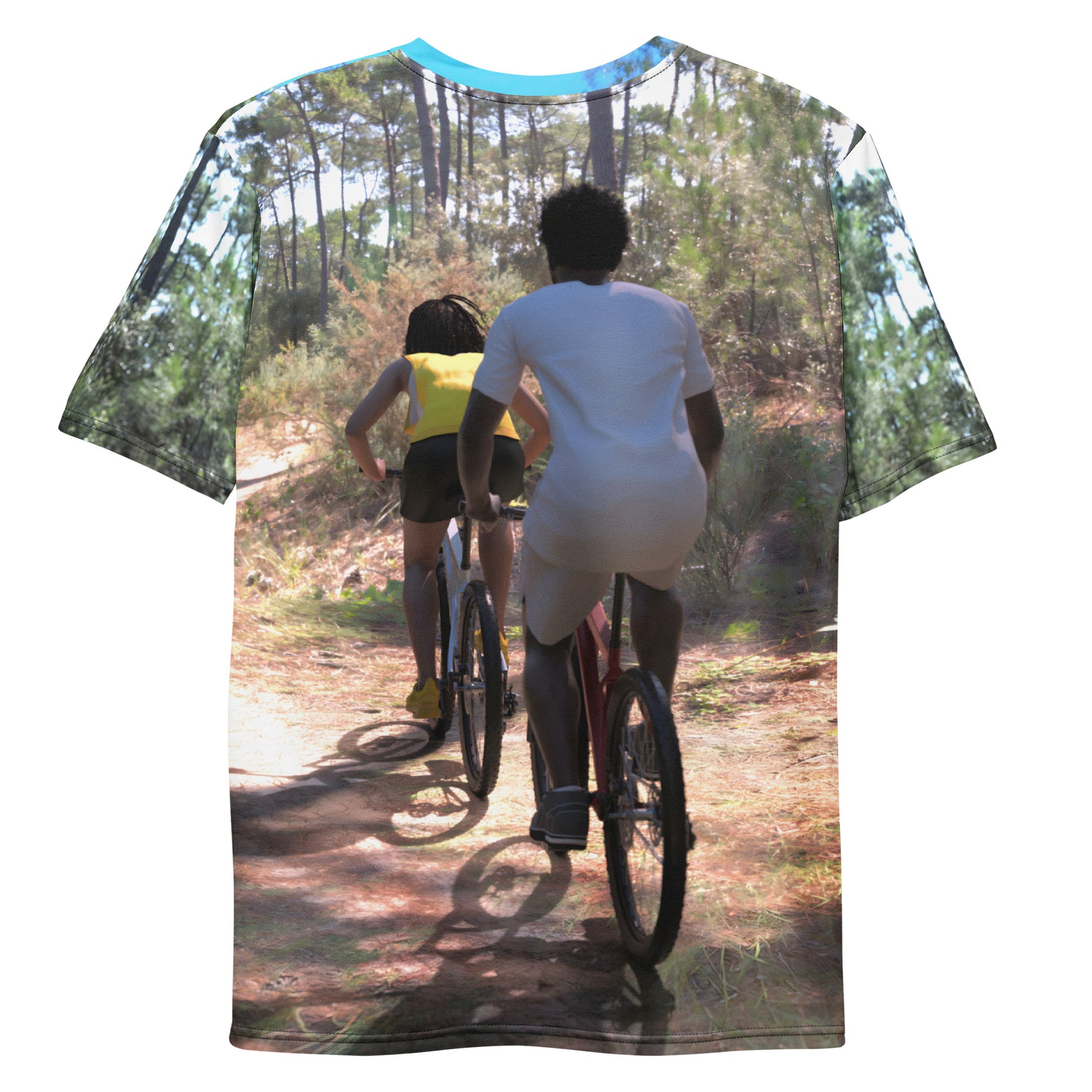 An all over print t-shirt of a black man and woman riding bicycles on a trail in the woods.