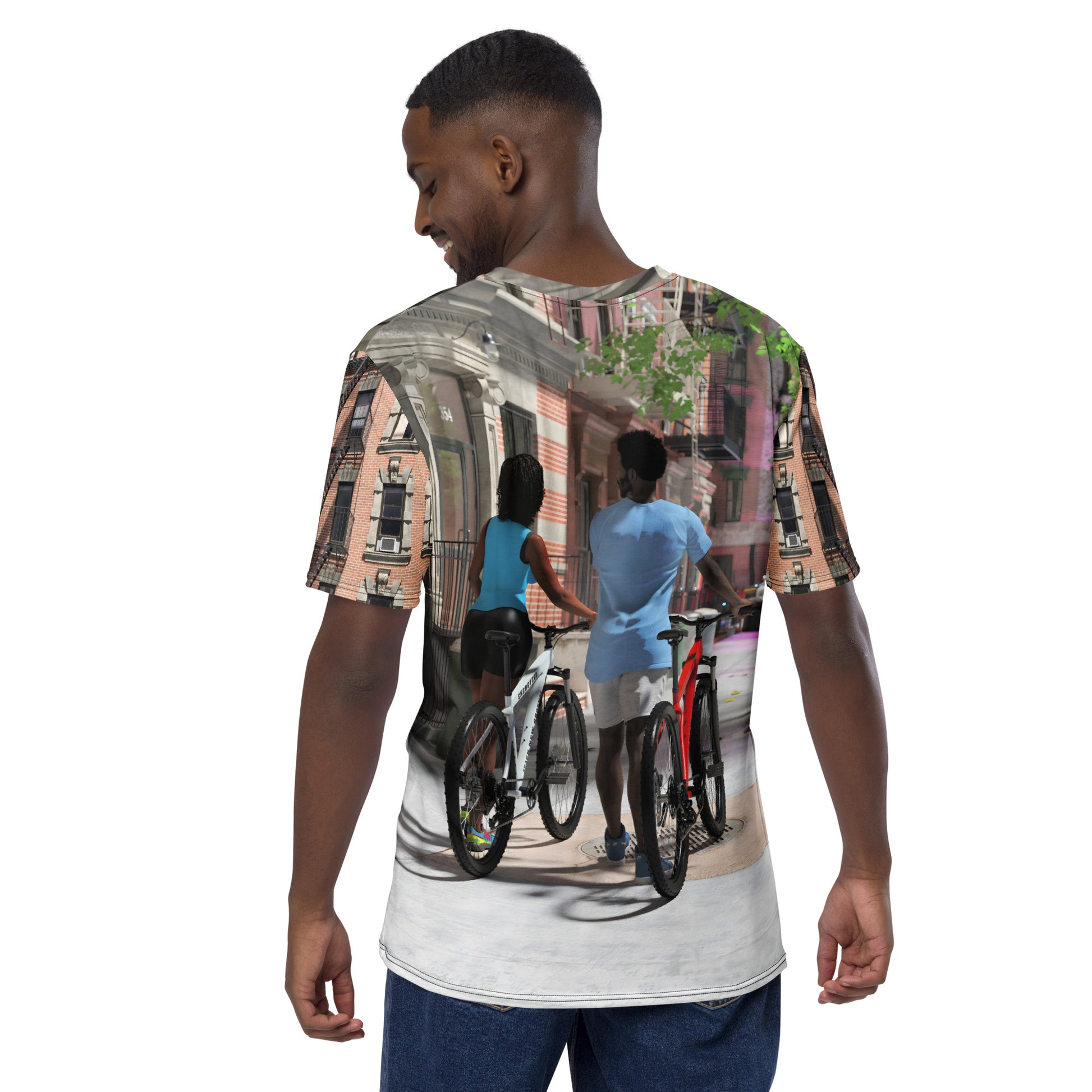 Artwork on a t-shirt of a black man and woman walking their bikes on a Brooklyn sidewalk.