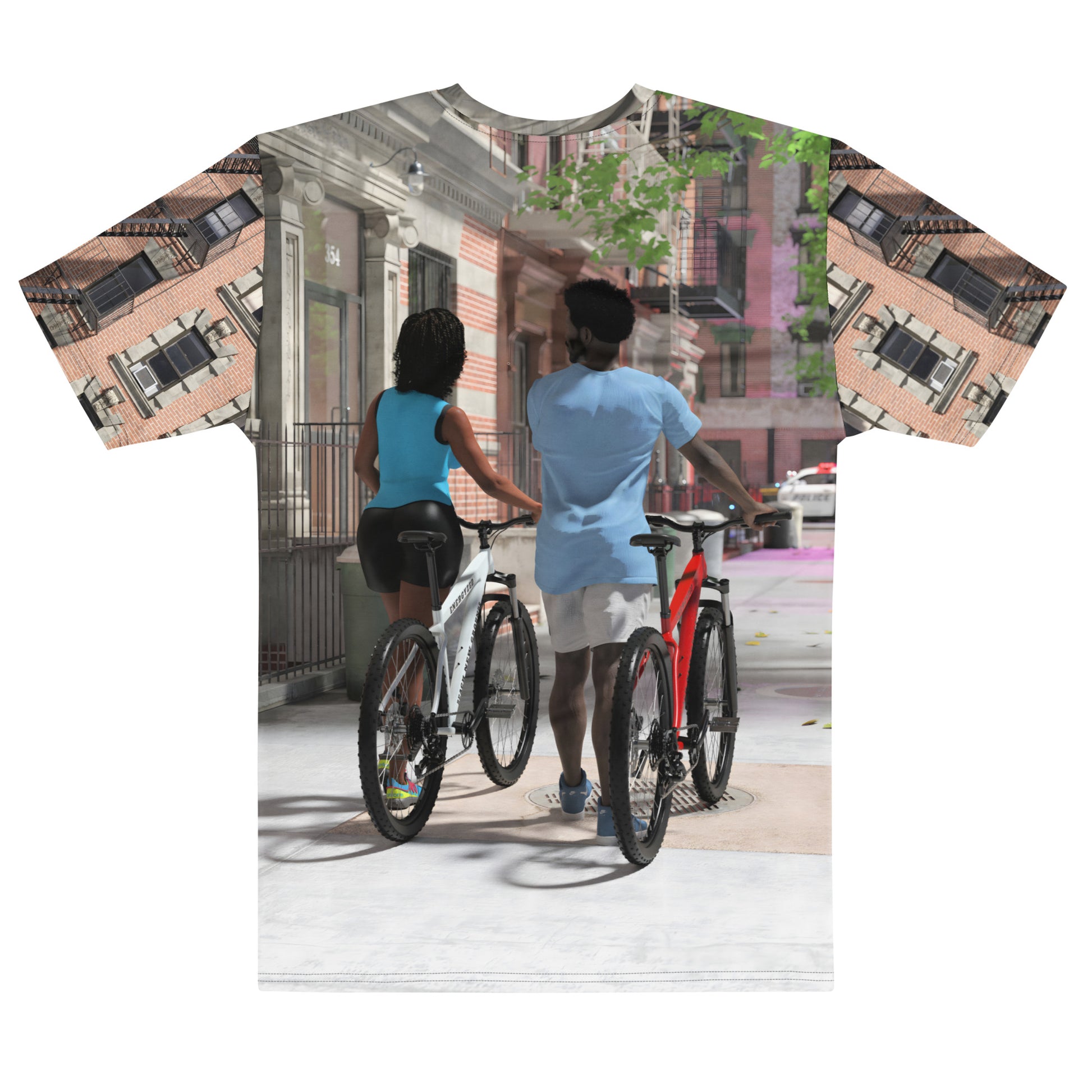 Artwork on a t-shirt of a black man and woman walking their bikes on a Brooklyn sidewalk.