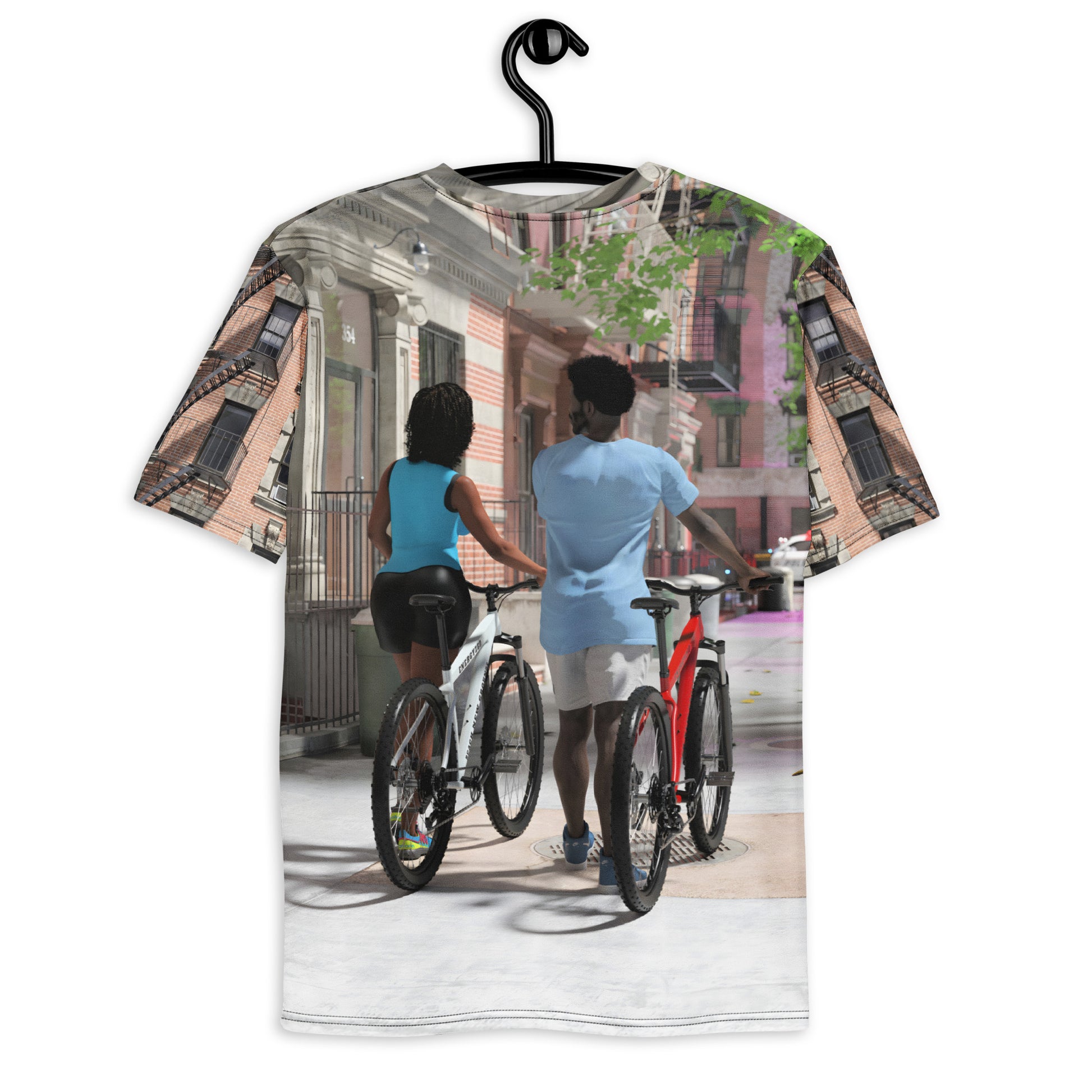 Artwork on a t-shirt of a black man and woman walking their bikes on a Brooklyn sidewalk.