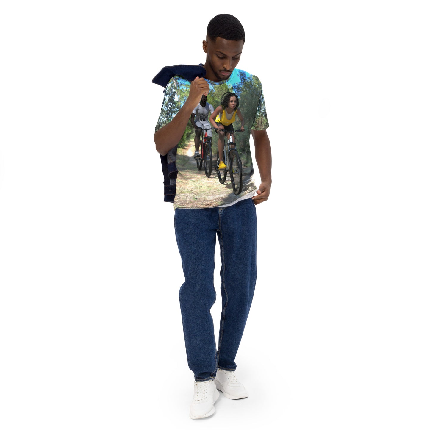 An all over print t-shirt of a black man and woman riding bicycles on a trail in the woods.