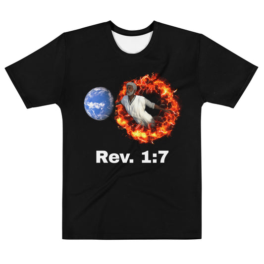 A Christian t-shirt that has Revelation 1:7 on the front and shows Jesus floating towards the earth. On the back it has the scripture of Revelation 1:7 and has a transparent image of Jesus.