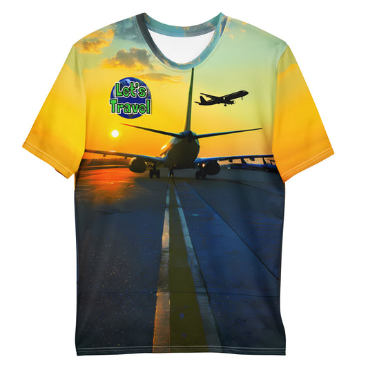 A colorful Let’s Travel crewneck t-shirt with an airplane taxiing away and another airplane in the sky.