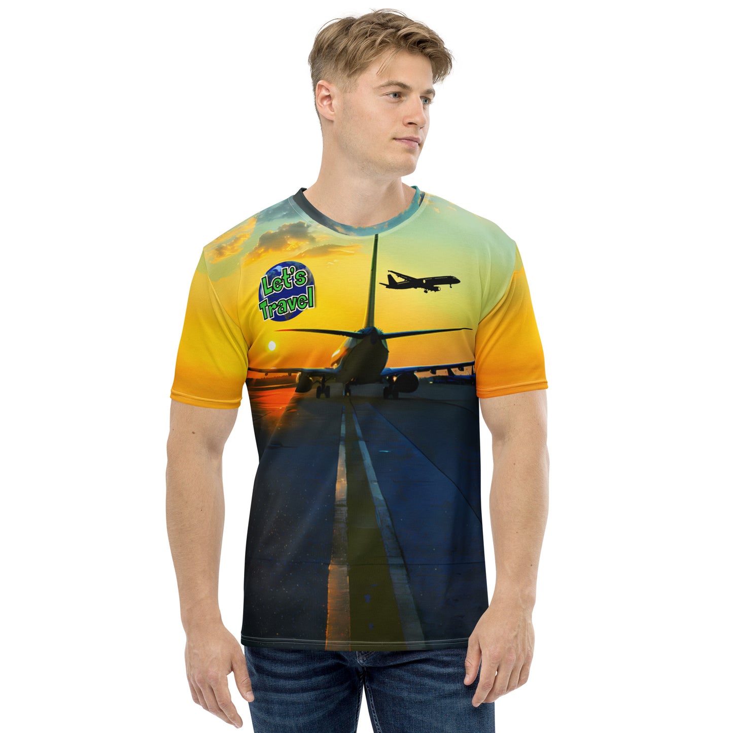 A colorful Let’s Travel crewneck t-shirt with an airplane taxiing away and another airplane in the sky.