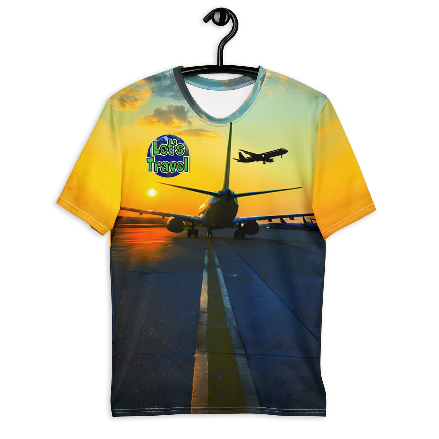 A colorful Let’s Travel crewneck t-shirt with an airplane taxiing away and another airplane in the sky.