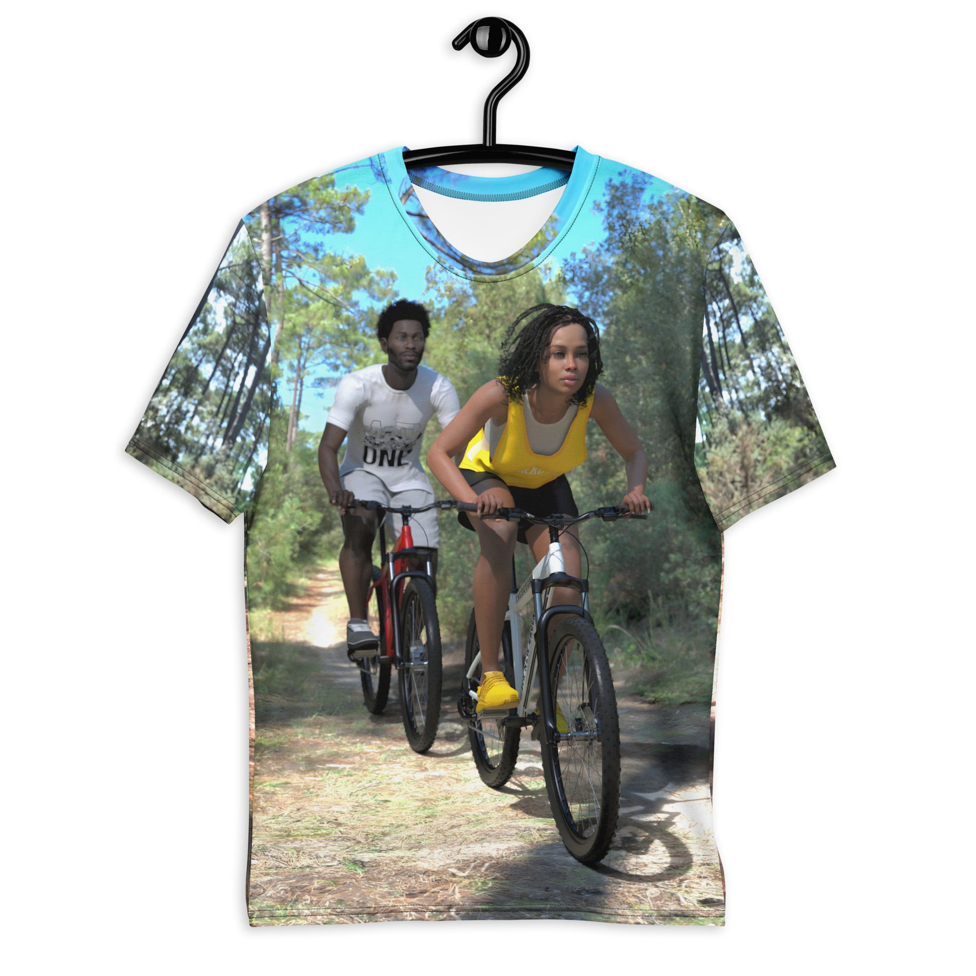 An all over print t-shirt of a black man and woman riding bicycles on a trail in the woods.