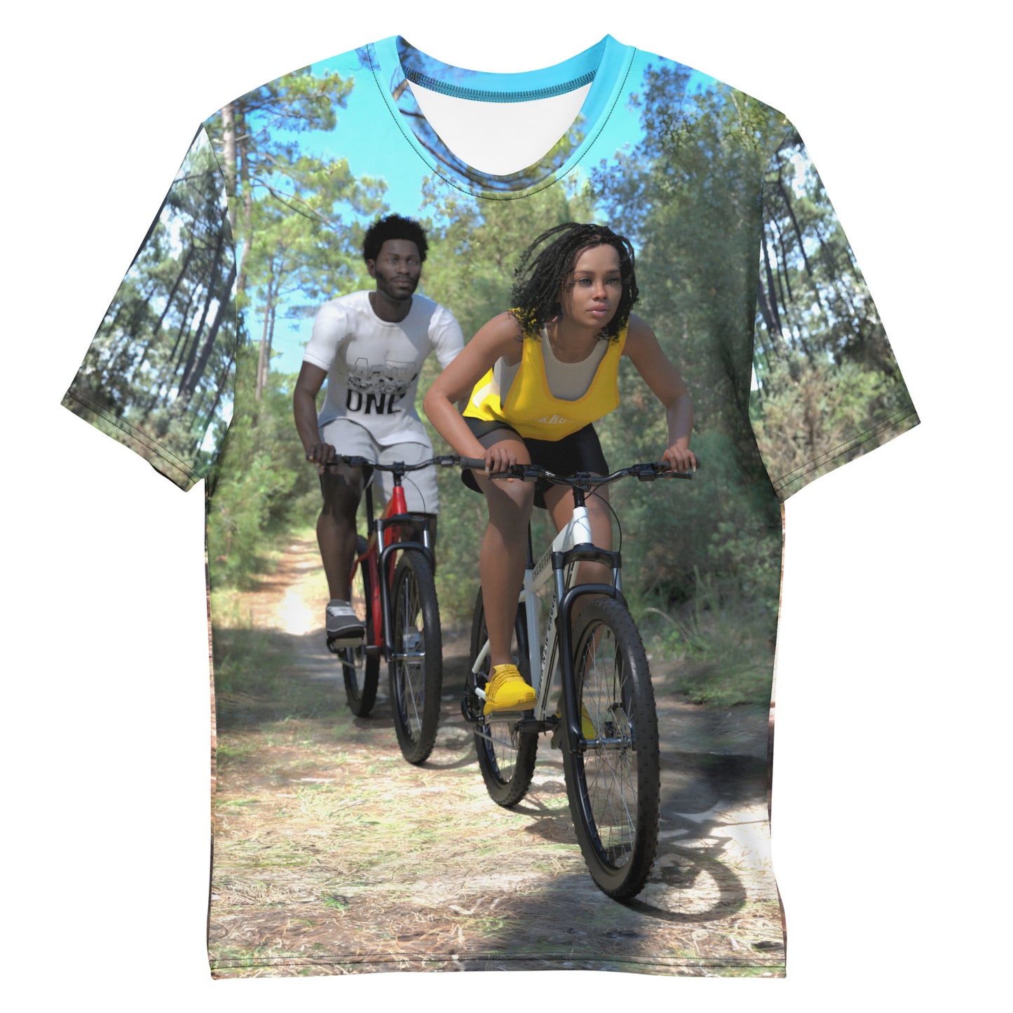 An all over print t-shirt of a black man and woman riding bicycles on a trail in the wood.