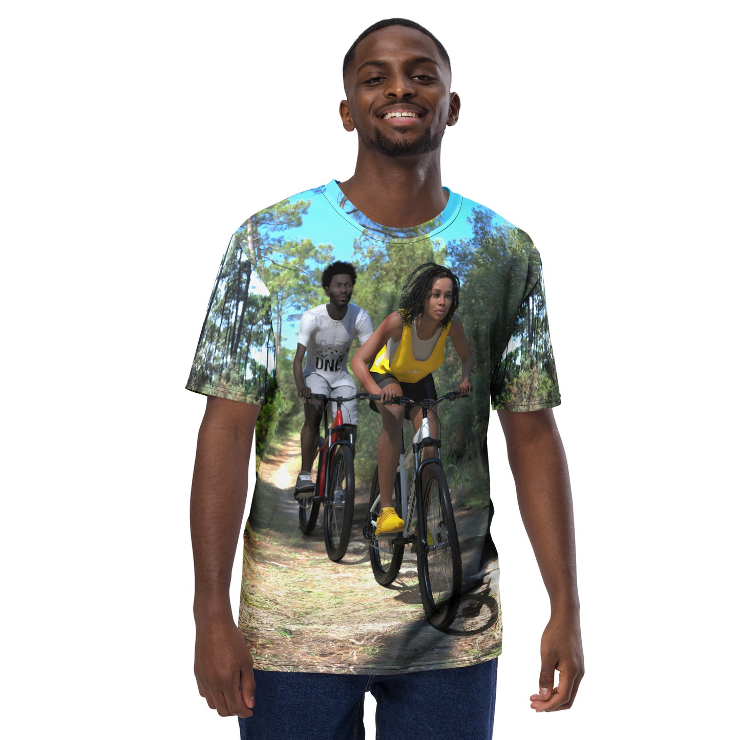 An all over print t-shirt of a black man and woman riding bicycles on a trail in the woods.
