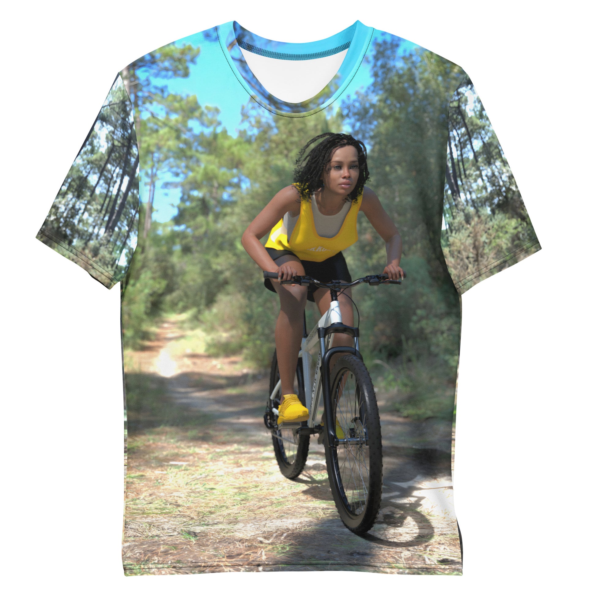 An all over print t-shirt of a black woman riding a bicycle on a trail in the woods.