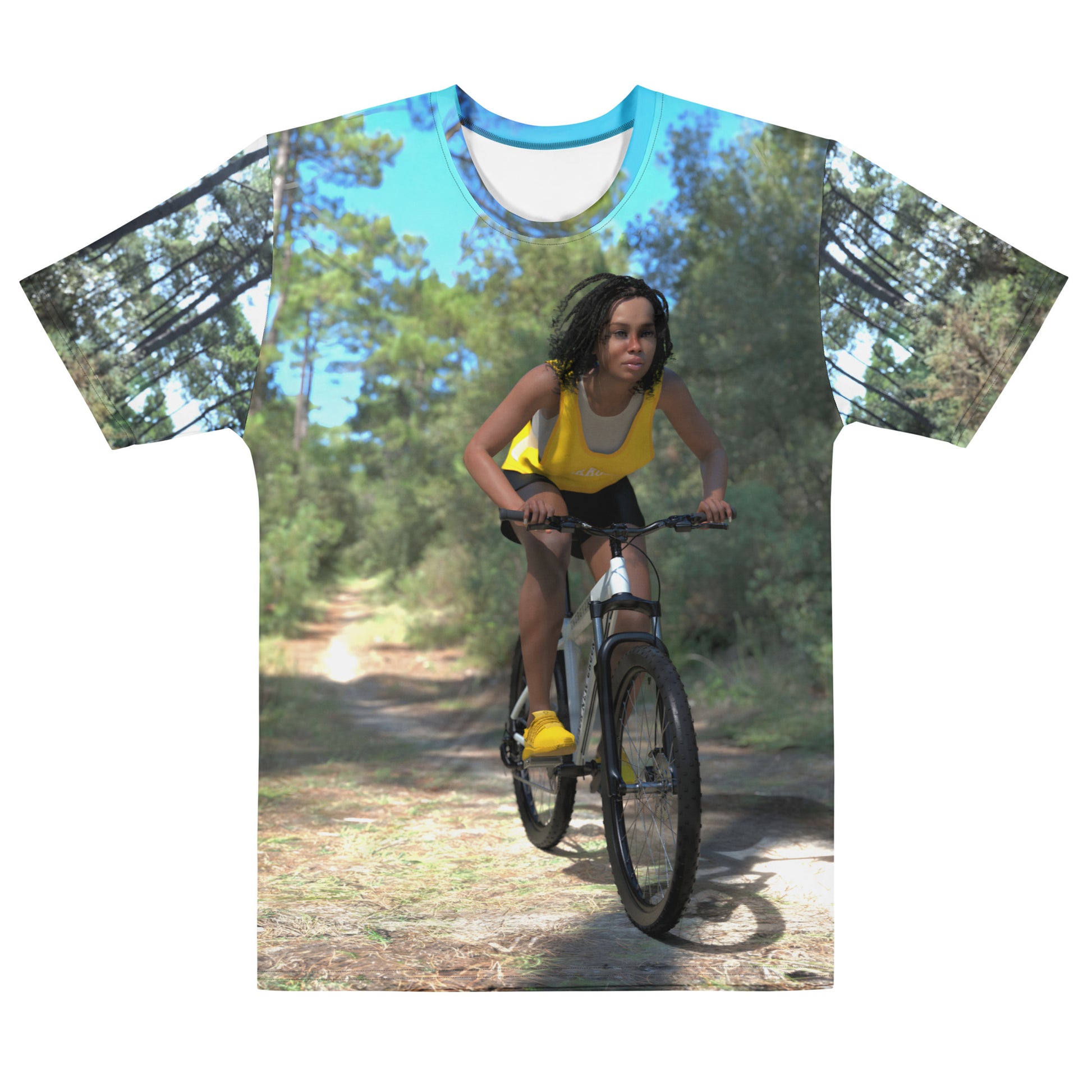 An all over print t-shirt of a black woman riding a bicycle on a trail in the woods.
