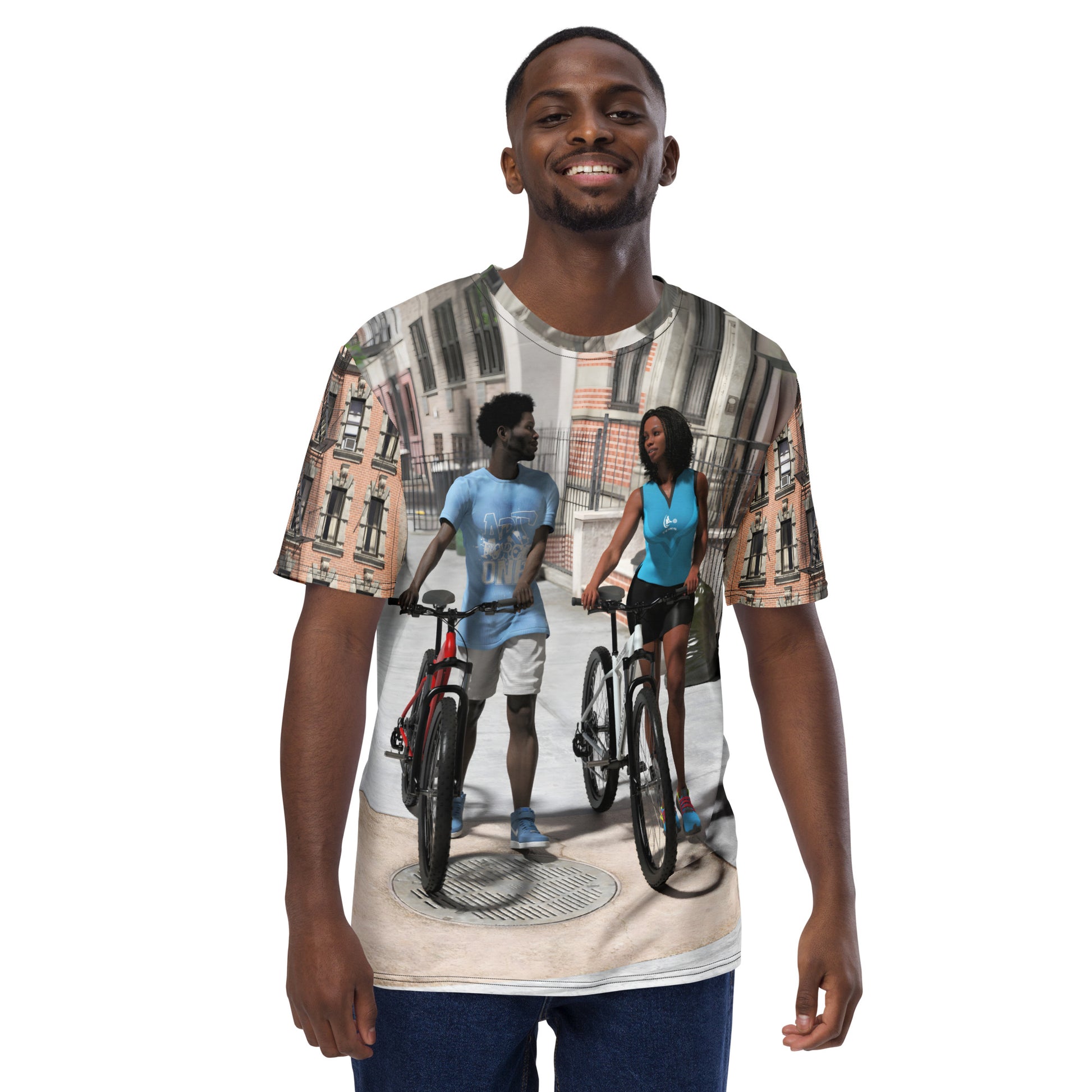 Artwork on a t-shirt of a black man and woman walking their bikes on a Brooklyn sidewalk.