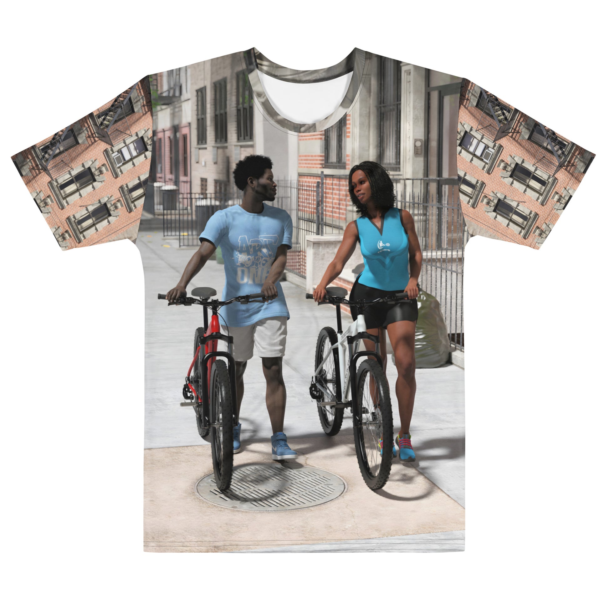 Artwork on a t-shirt of a black man and woman walking their bikes on a Brooklyn sidewalk.