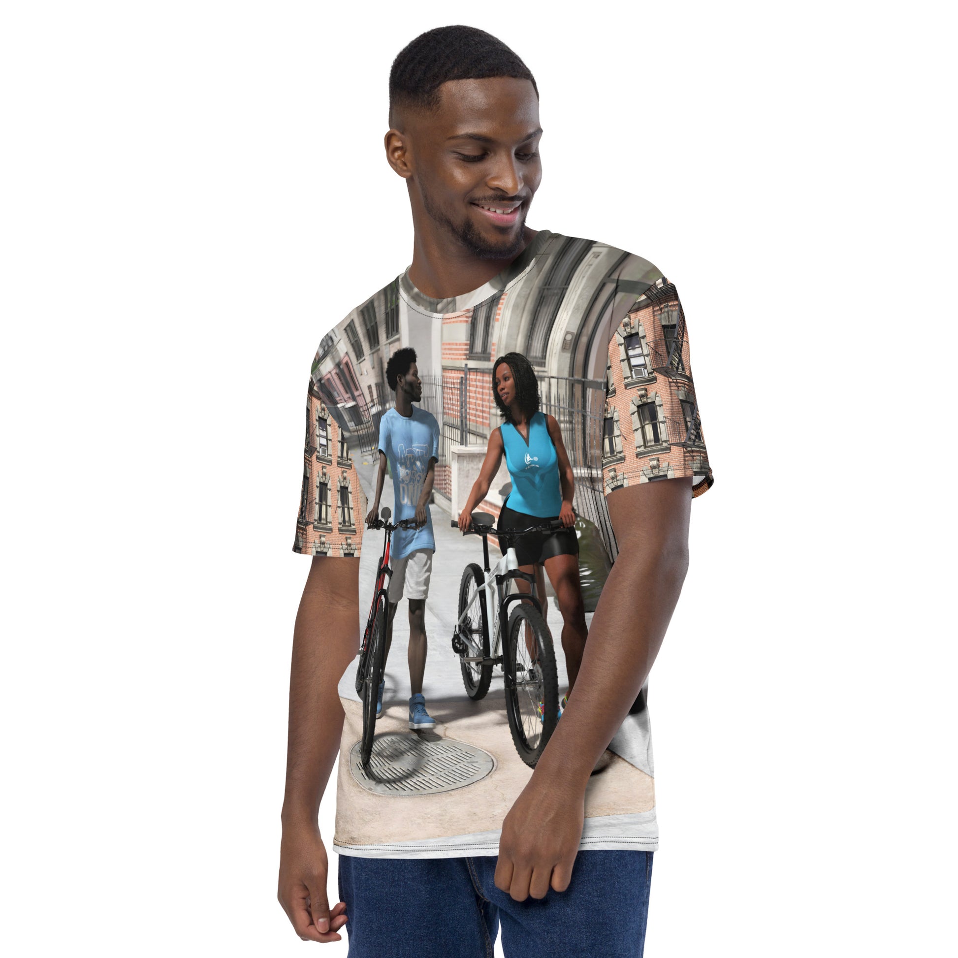 Artwork on a t-shirt of a black man and woman walking their bikes on a Brooklyn sidewalk.