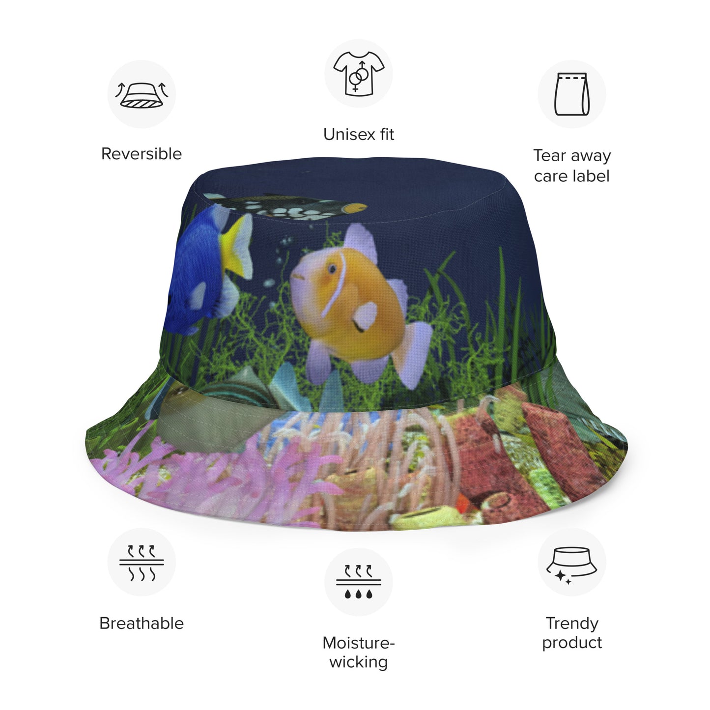 A reversible bucket hat with an image of dark ocean water with fish and a coral reef underwater.