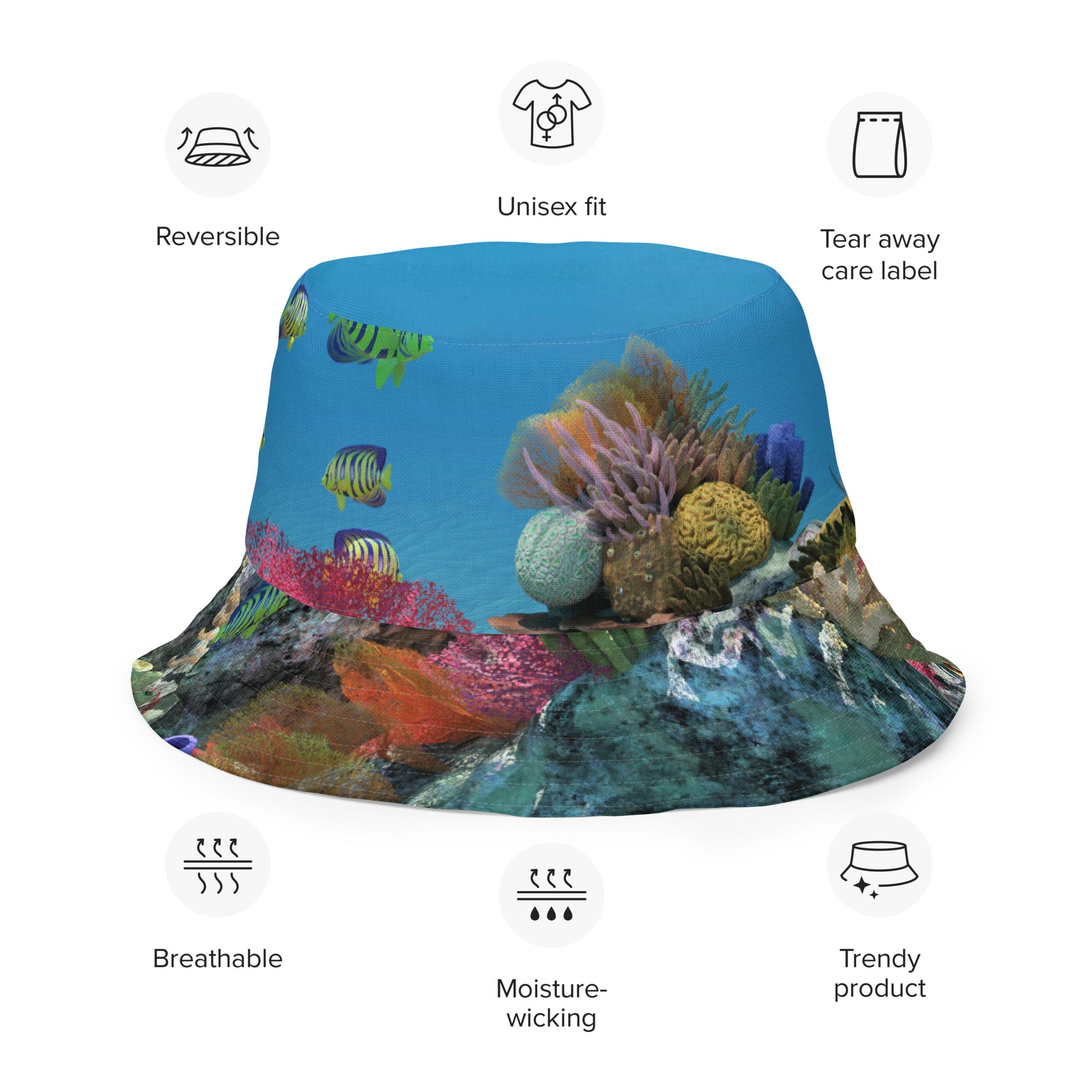 A reversible bucket hat with an image of ocean fish and a coral reef underwater.