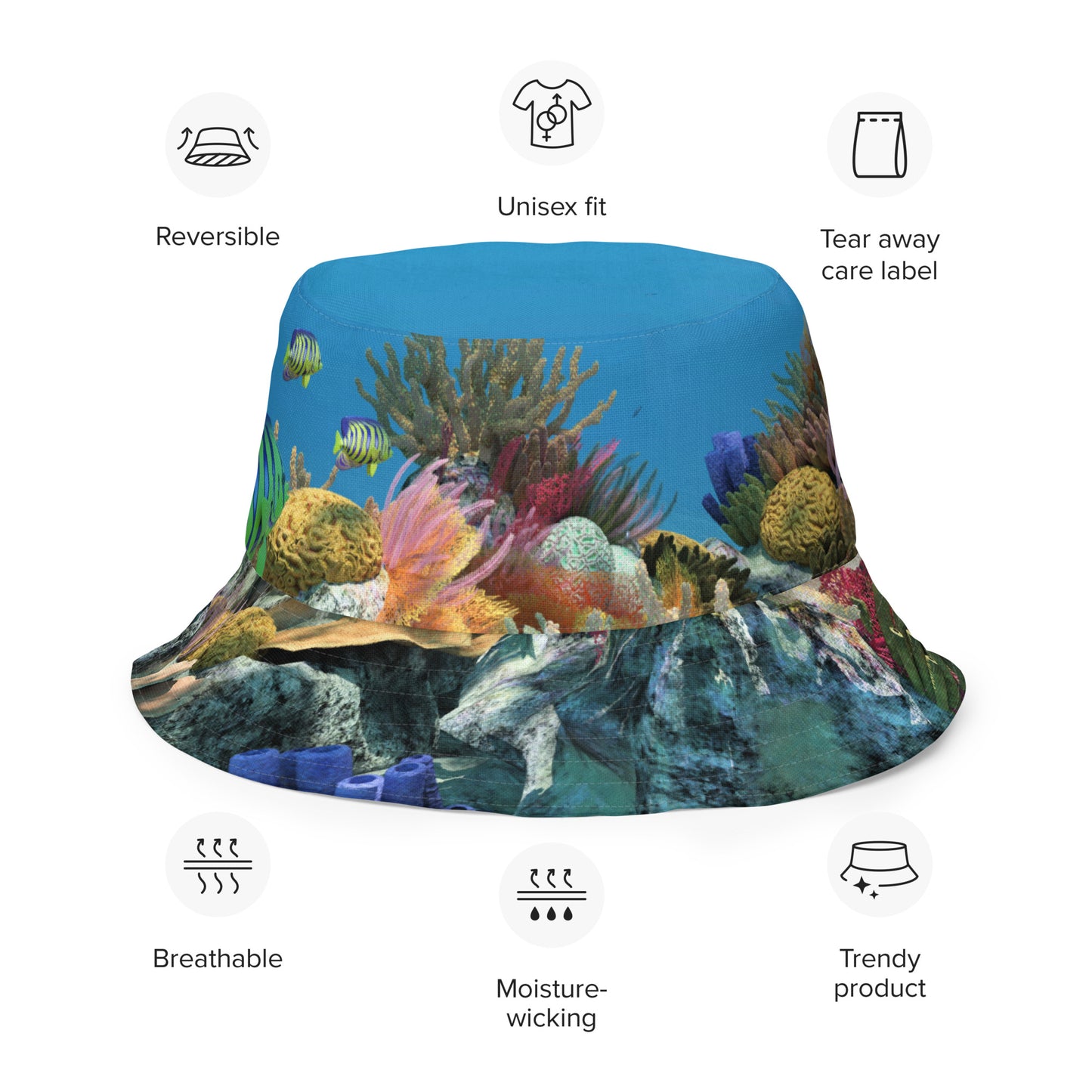 A reversible bucket hat with an image of sharks and coral reef underwater.