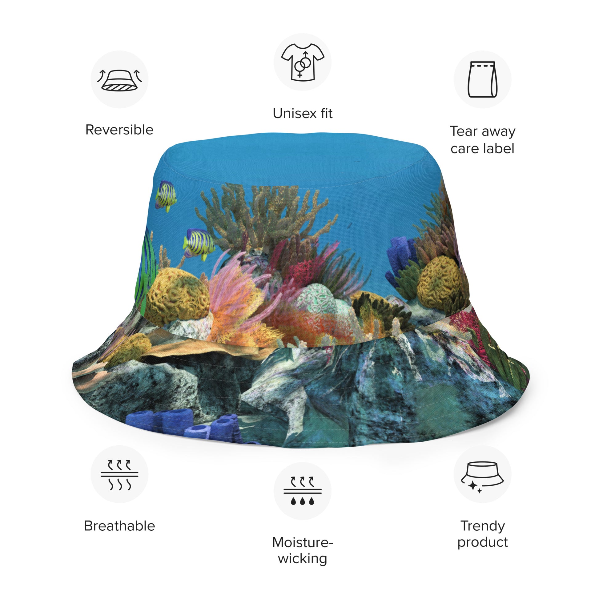 A reversible bucket hat with an image of sharks and coral reef underwater.